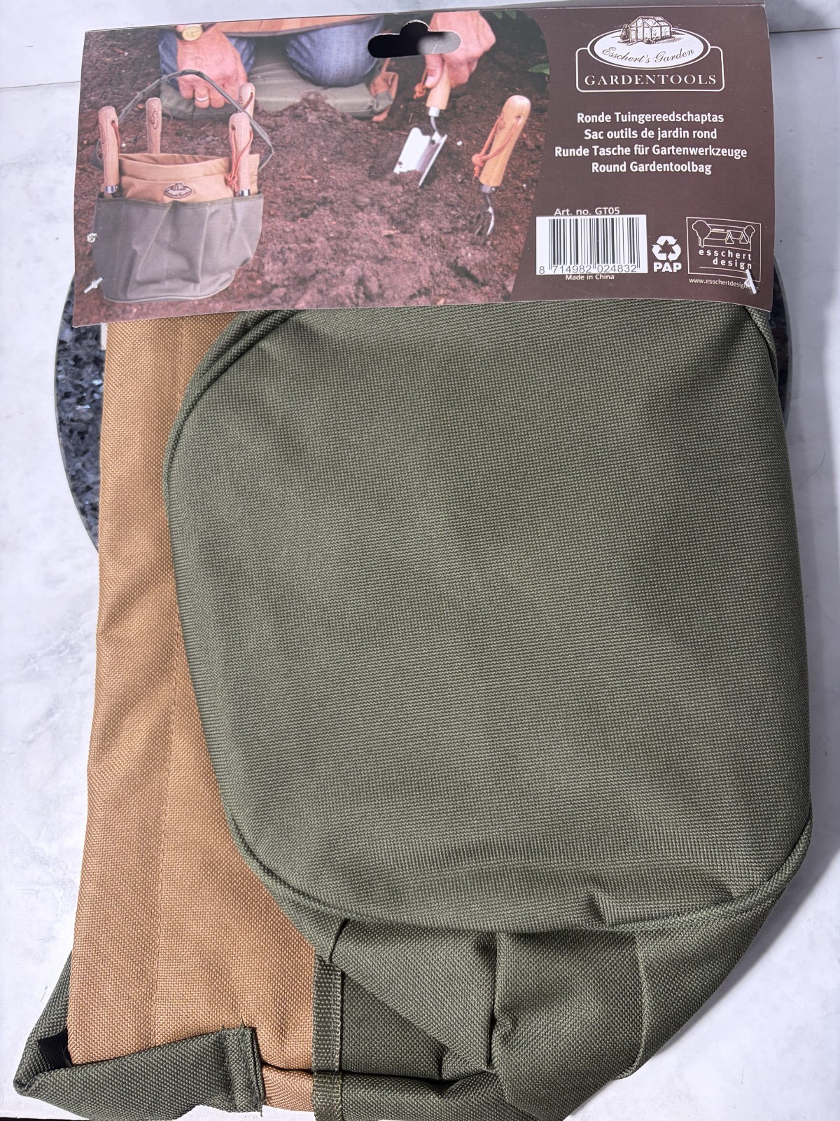 Esschert Design Canvas Round Tan & Green Garden Work Tool Bag