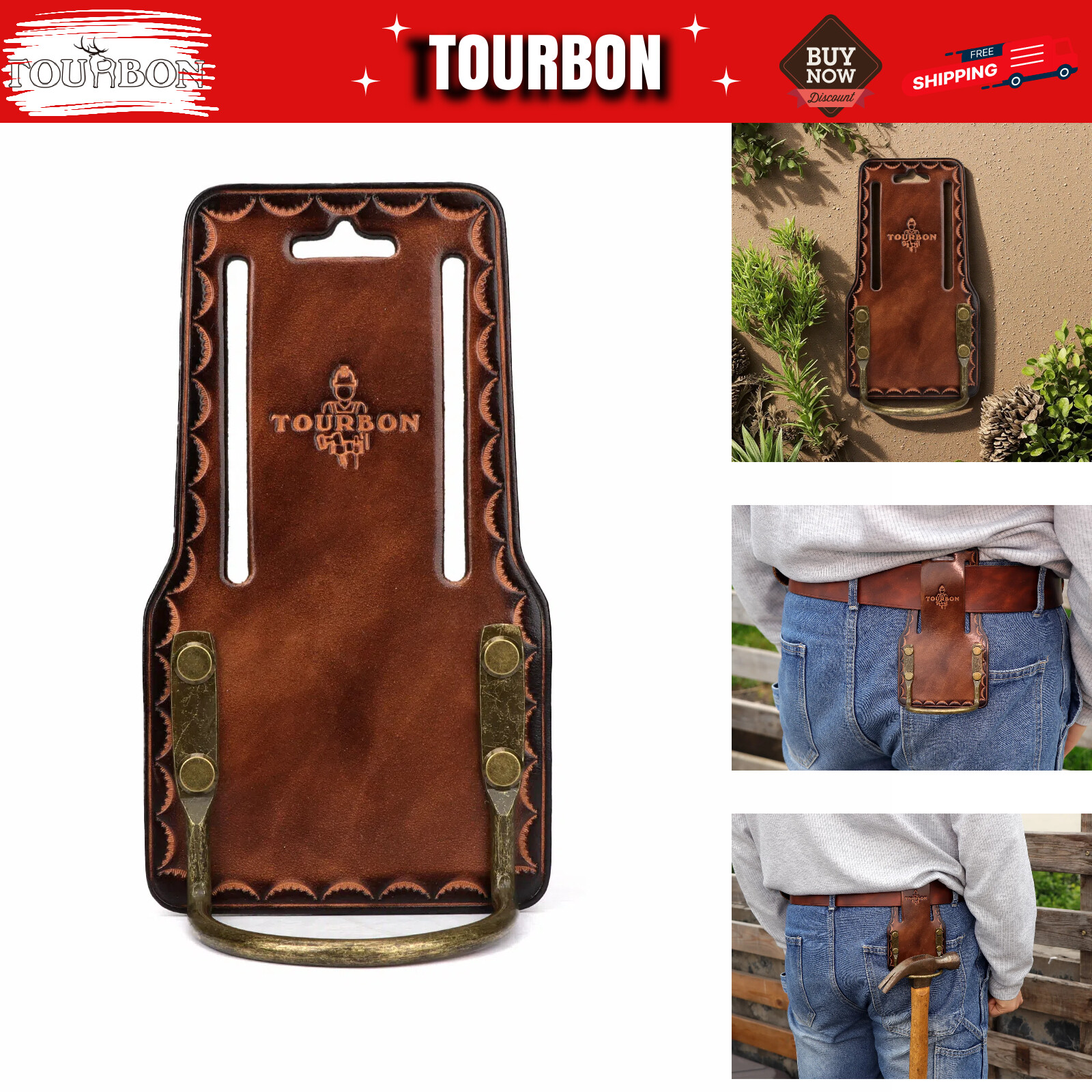 TOURBON Leather Hammer Drill Holder Axe Workers Holster 3″ Belt Loop Heavy Duty