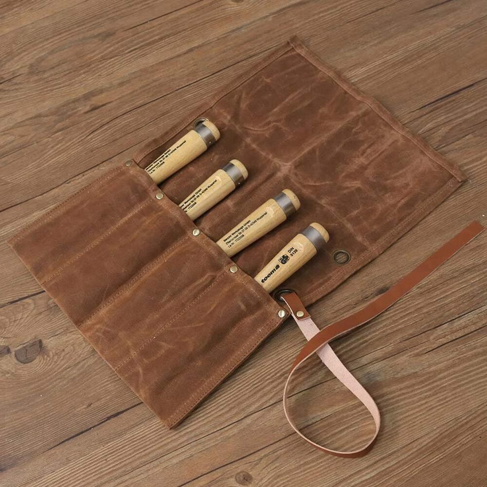 Chisel Roll, Waxed Canvas Tools Wrench Roll Up Pouch with 4 Pockets for Knife…