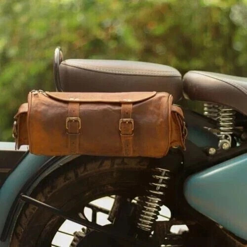 Brown Genuine Goat Vintage Strap Tool Leather Motorcycle Bag