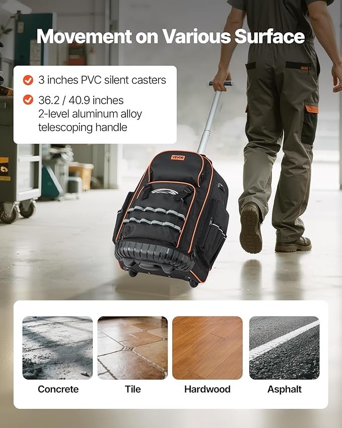Rolling Tool Backpack with Wheels, 75 Pockets & Lock for Electricians
