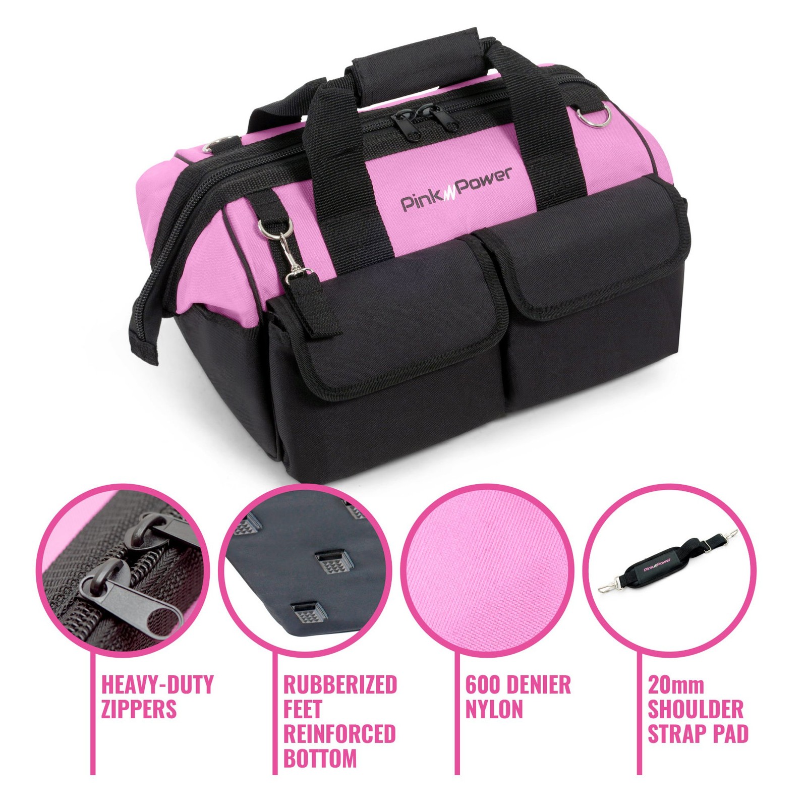 Pink Power Tool Bag for Women -16″ Tote w/ 16″ x 12″ x 9″, pink