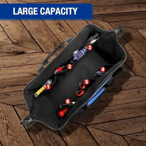 18″ Wide Mouth Tool Bag with Adjustable Shoulder Strap & Sturdy Bottom – Storage