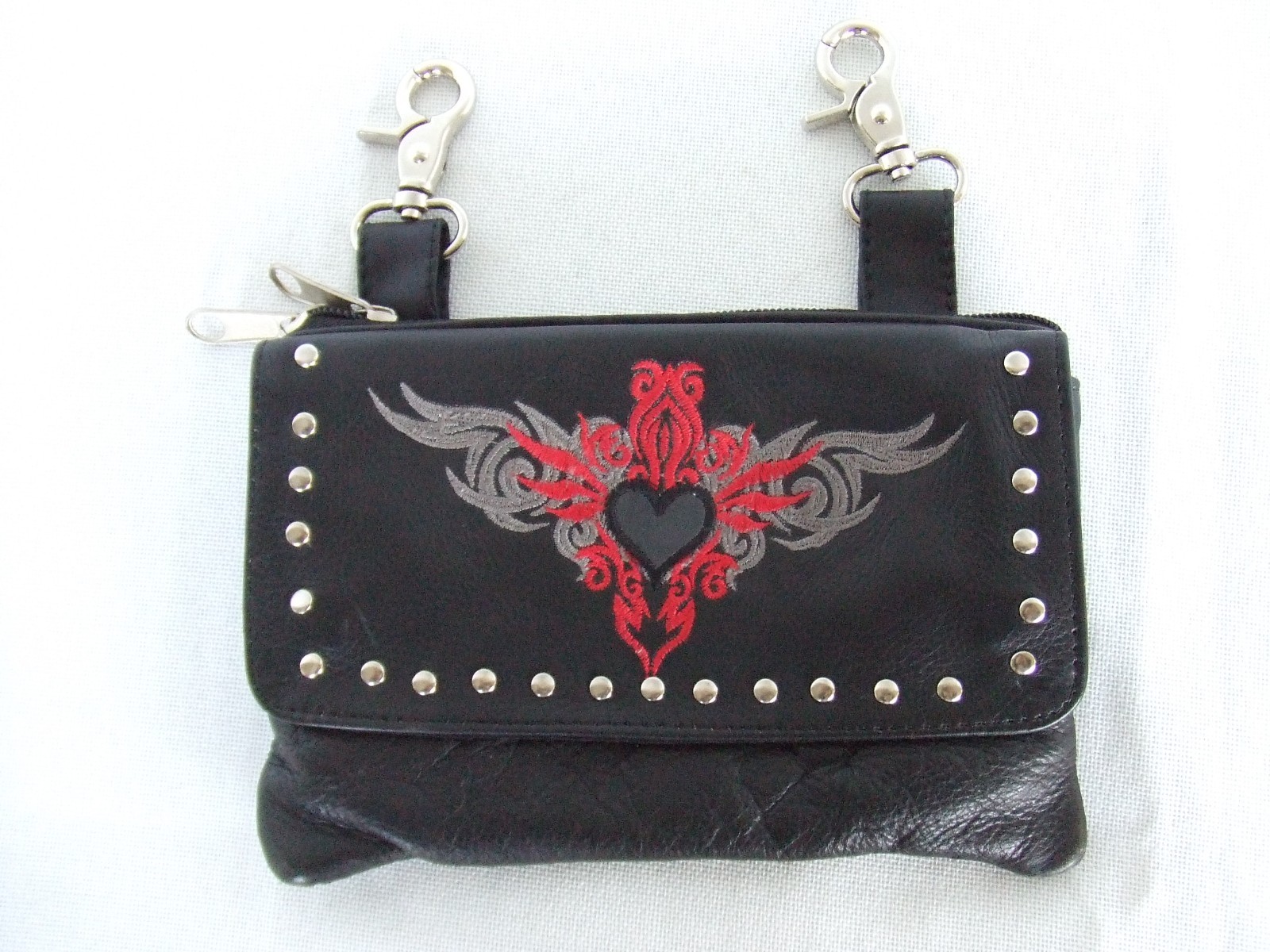 Black Biker Studded Leather Belt Clip Pouch Red and Gray embroider