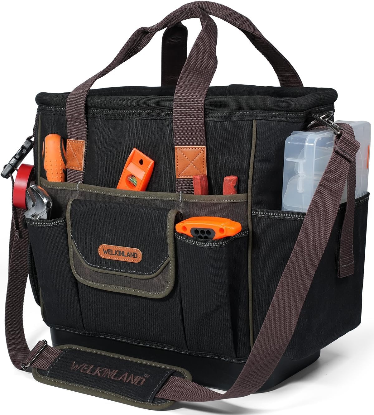 WELKINLAND 50-Pocket Tool Tote, 14″ Hard Bottom, Waxed-Canvas, All Trades