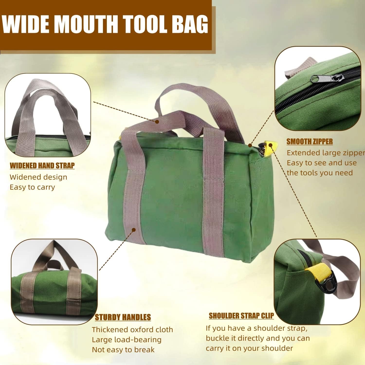 12″Wide Mouth Canvas Tool Bag Heavy Duty Organizer Tote for Wrenches Pliers Gree
