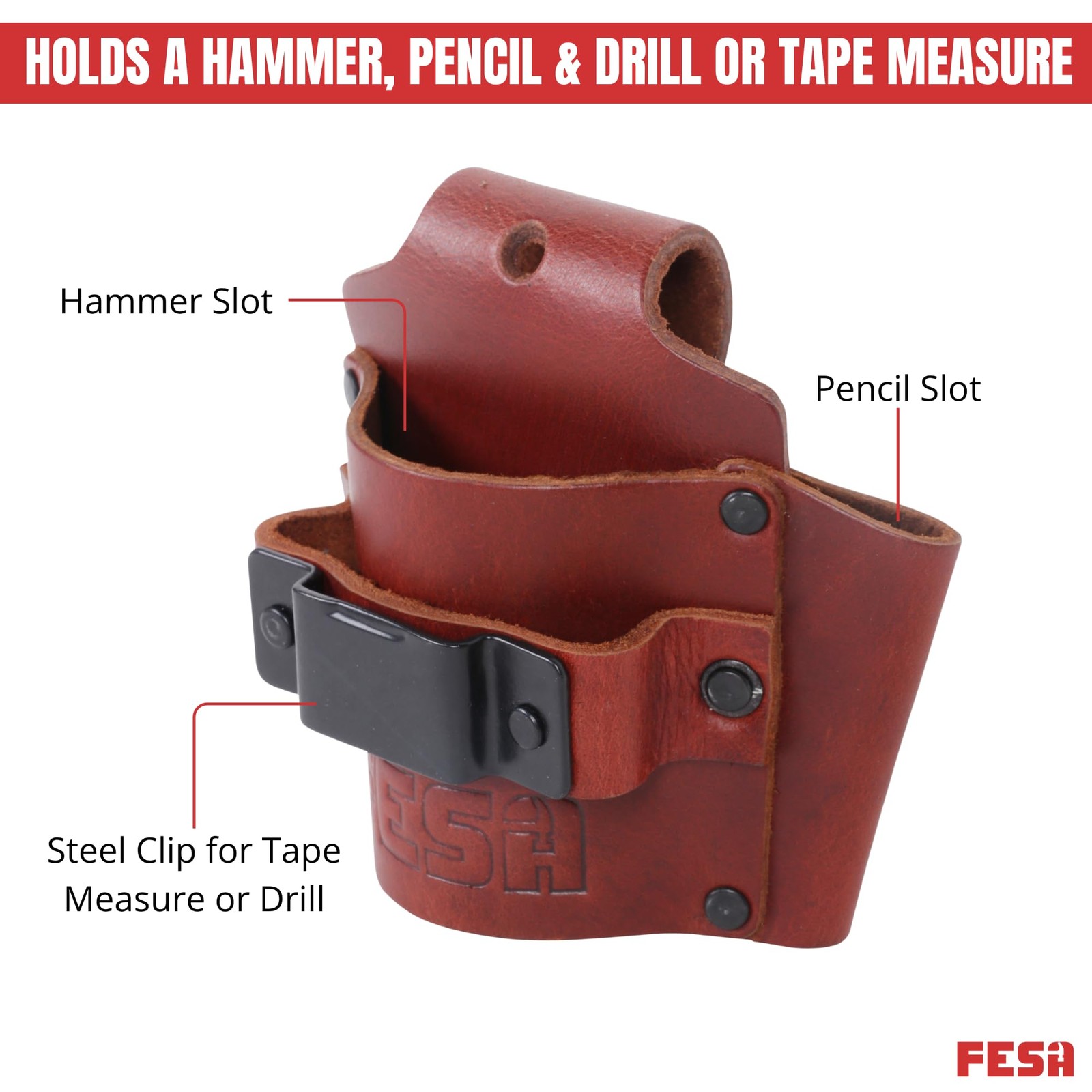 Leather Tape Measure Holder – Tape or Drill Holder for Tool Belt with Steel C…
