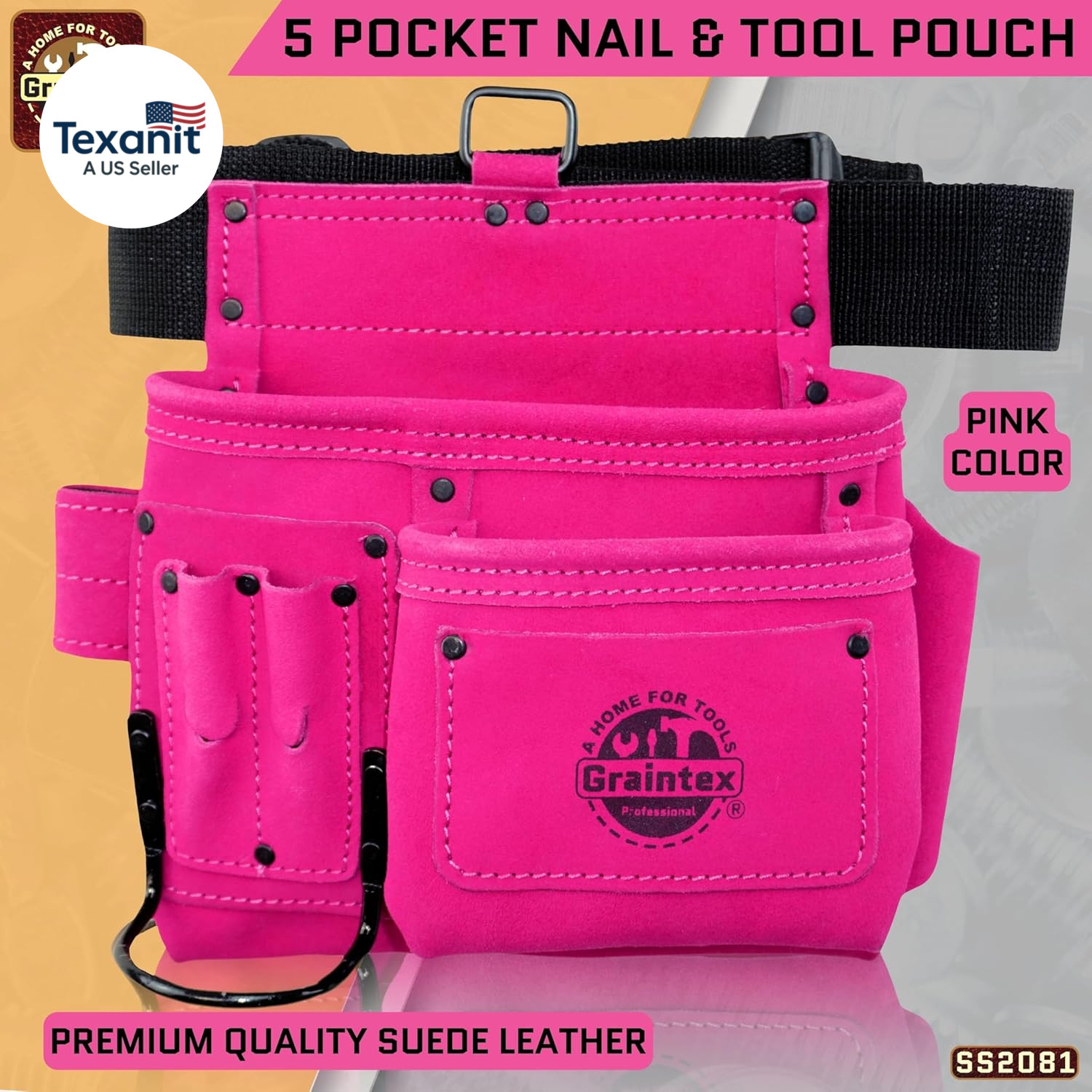 5 Pocket Suede Leather Tool Belt/Bag | Pink | Multipurpose Leather Tool Belt for