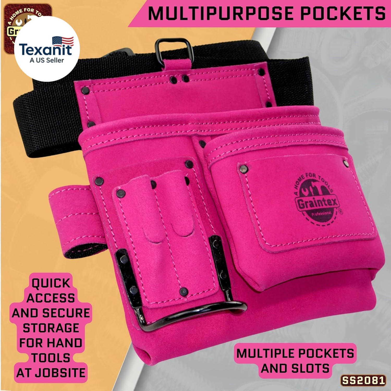 5 Pocket Suede Leather Tool Belt/Bag | Pink | Multipurpose Leather Tool Belt for