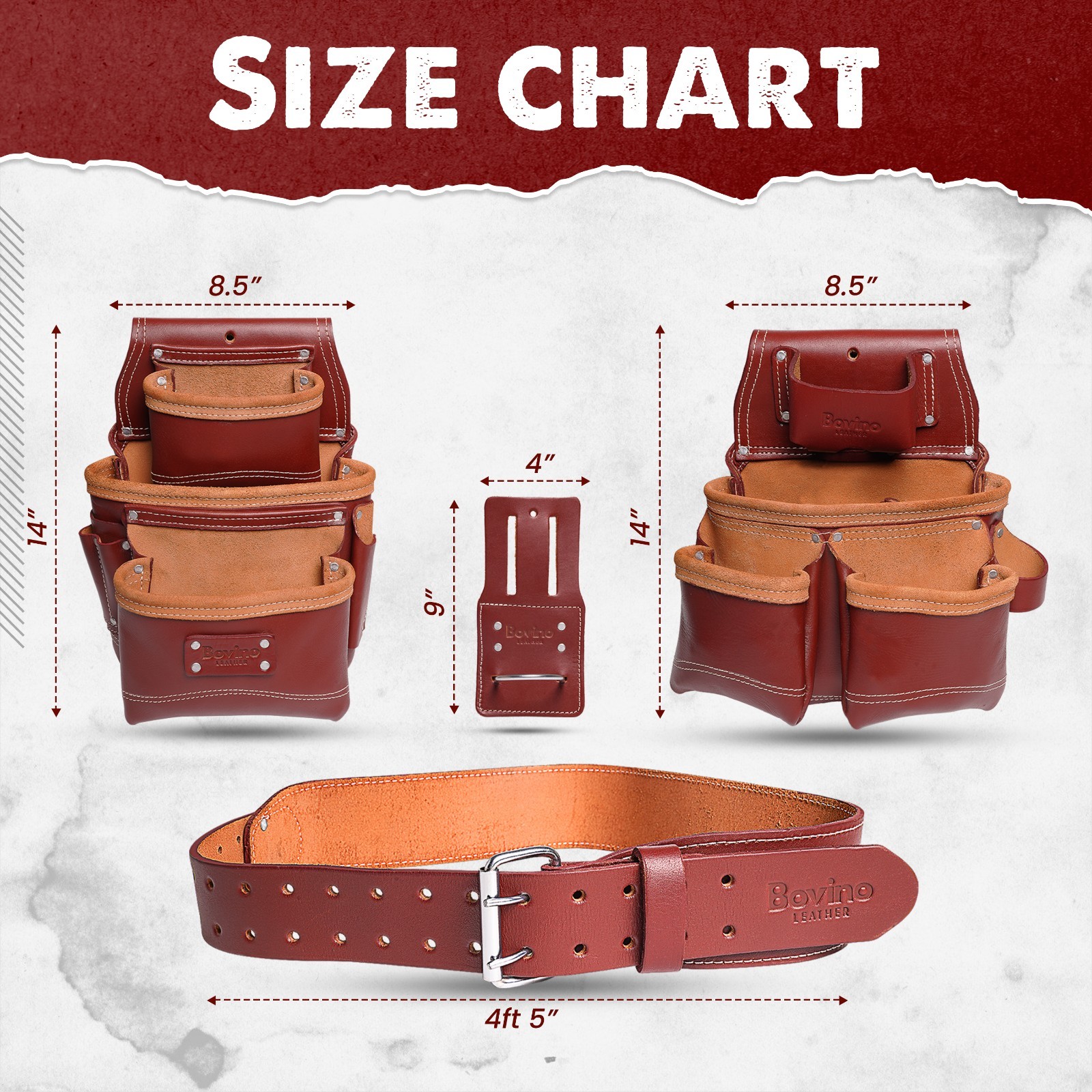 Bovino Leather Tool Belt, 20 Pocket Framers Pouch, Dual Pouches, Hammer Holder