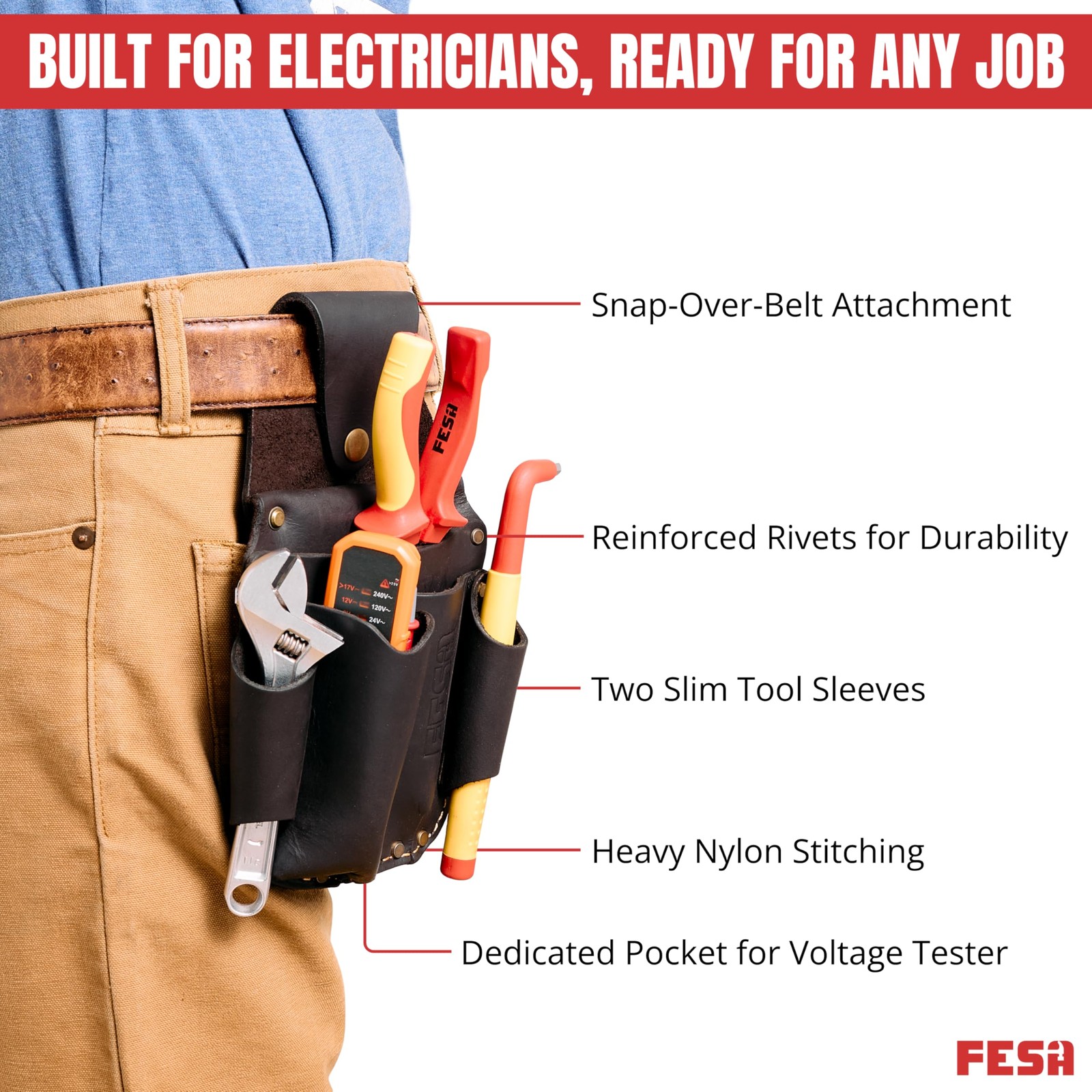 Leather Electrician Tool Pouch Pocket Caddy Clip On with Voltage Meter Brown