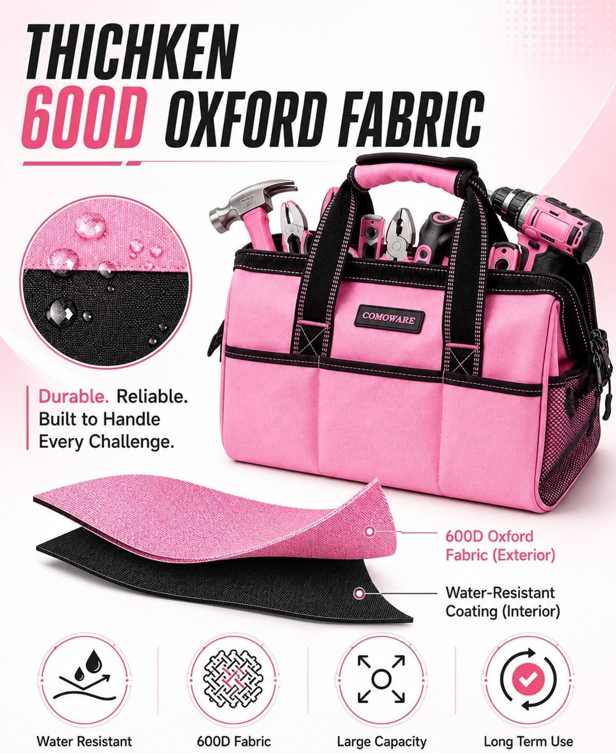 13-Inch Tool Bag, Pink Soft Storage Bags with Inside Pockets, Wide Mouth Pink…