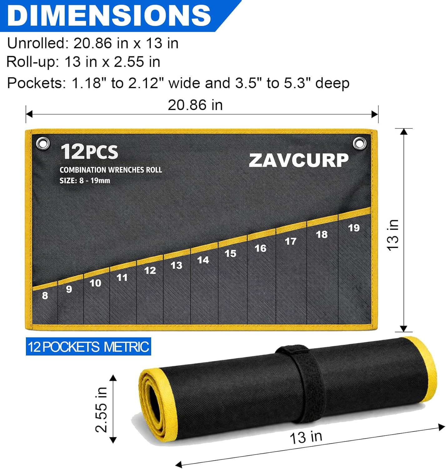Heavy-Duty Wrench Roll Organizer with Waterproof Pockets for SAE & Metric Tools