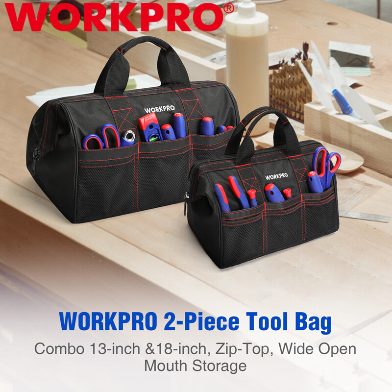 WORKPRO 2-Pack 18″ 13″ Heavy Duty Tool Bag Case Zip Top Wide Open Mouth Storage