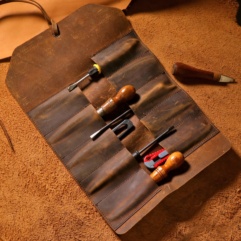 TOURBON Vintage Leather Roll Craft Tool Organizer Workshop Knife Carrier Bag