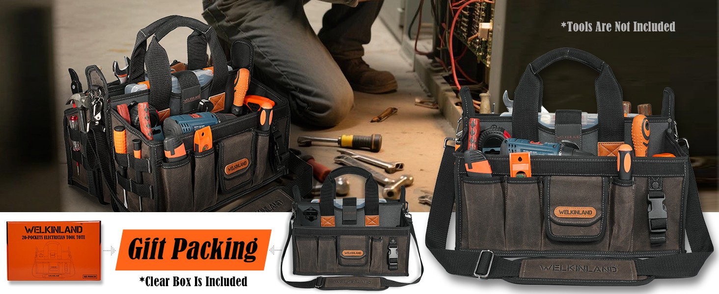 WELKINLAND, 16-In, 20-Pockets, Wide Opening, Waxed-Canvas Tool Bag (W00138)