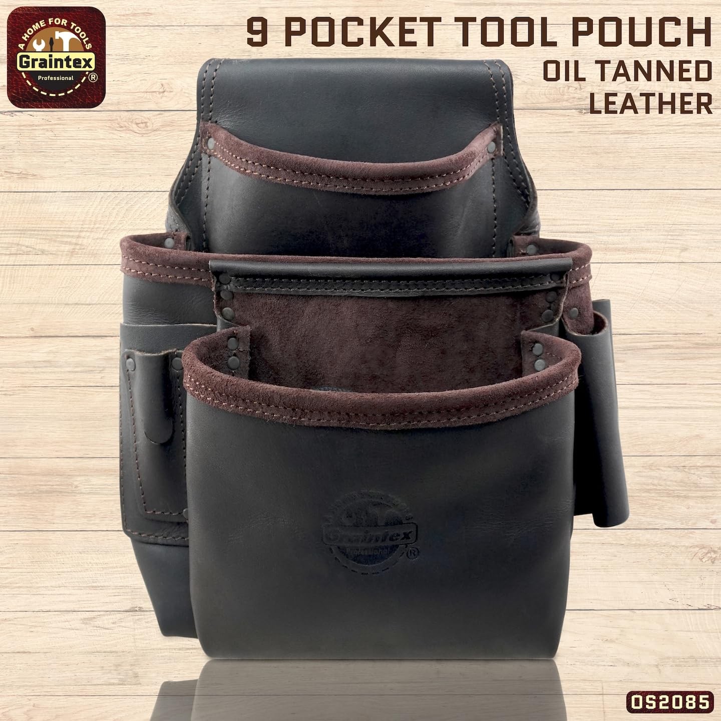 Graintex OS2085 9 Pocket Nail & Tool Pouch Grain Oil Tanned Leather for Framers,