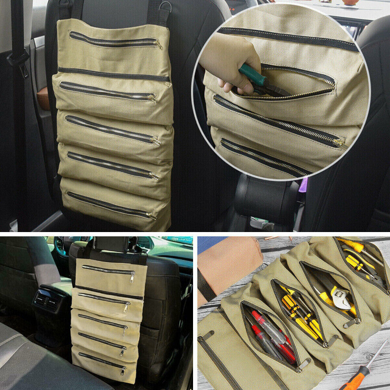Multi-Purpose Tool Roll Up Bag Wrench Pouch Canvas Hanging Organizer w/ 5 Pocket