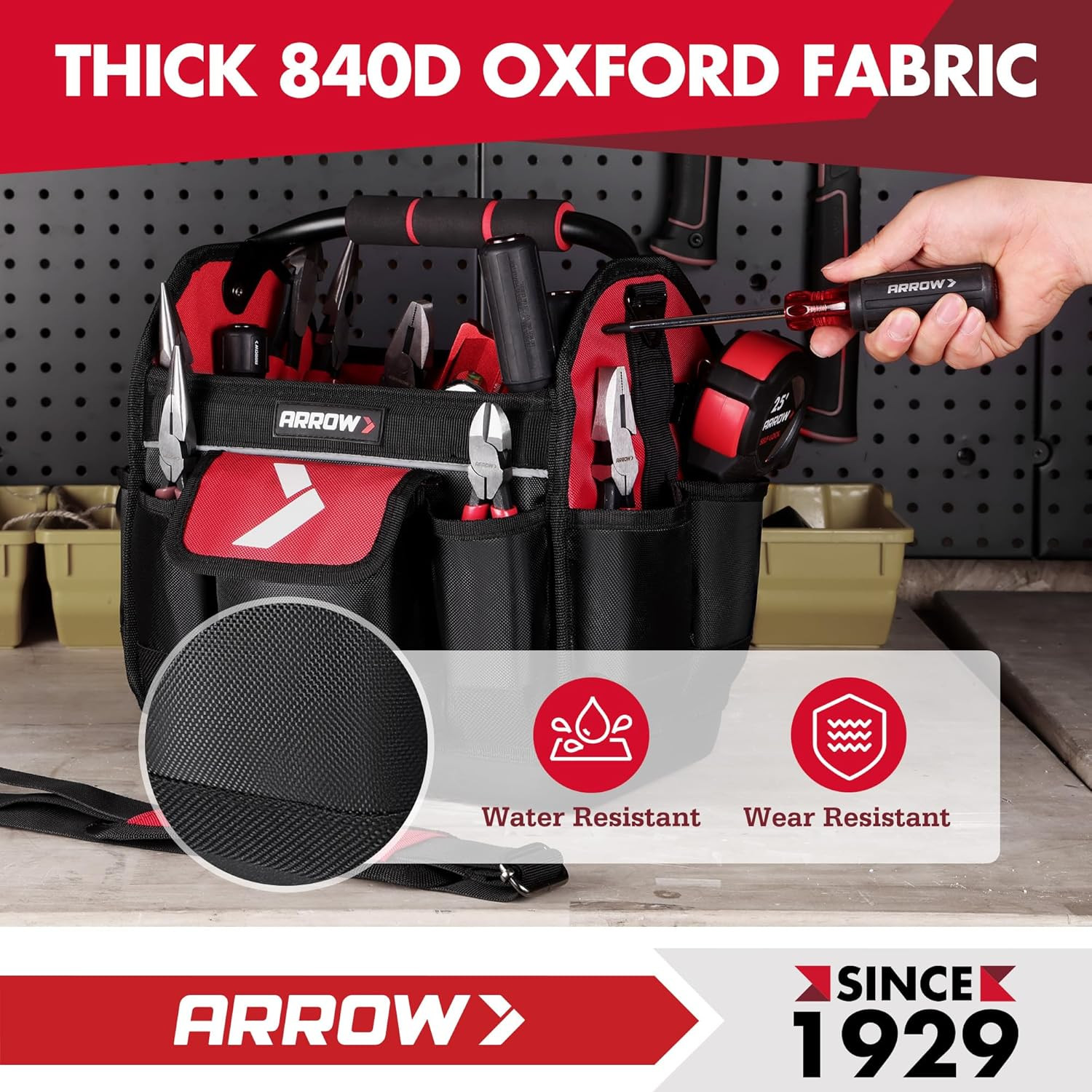 ARROW 12″ Tool Tote with Waterproof Hard Base, Electrician Tool Bag with 19 Pock