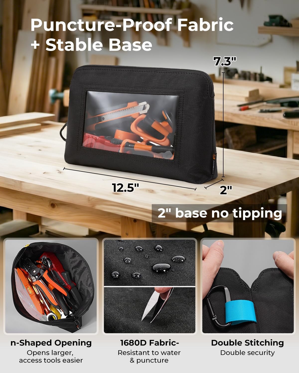 1680D Oxford Heavy Duty Small Tool Bag with Clear Window Tool Pouch for Men