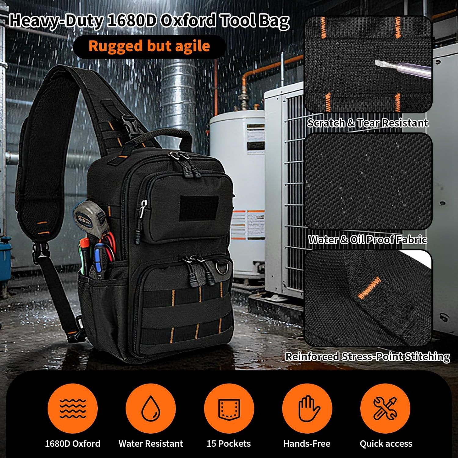Tactical Electrician & HVAC Tool Chest Bag with 3-Point Harness, 15-Pocket 1680D