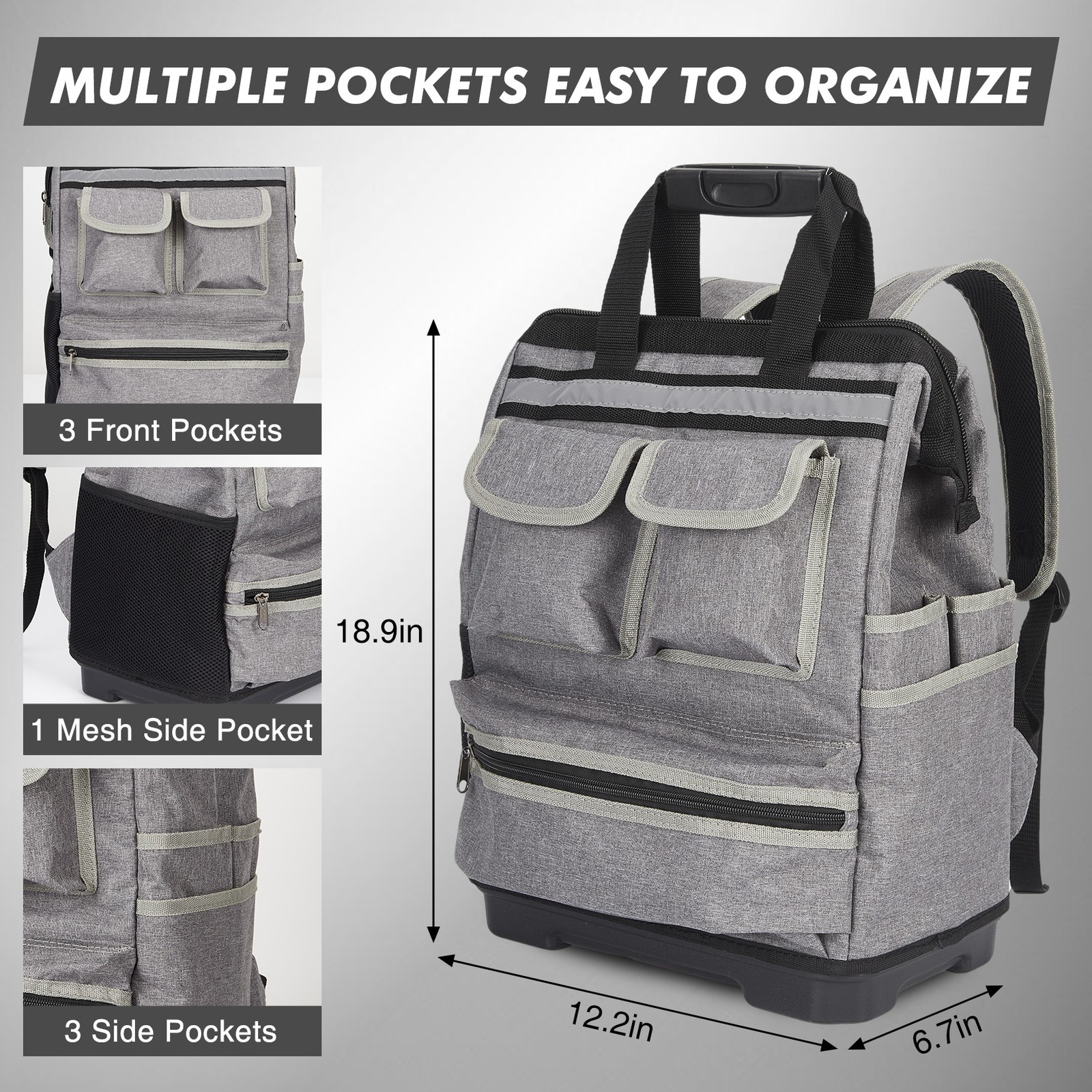 Heavy Duty Tool Backpack 1680D Oxford 12 Pockets Waterproof Base Electrician Bag