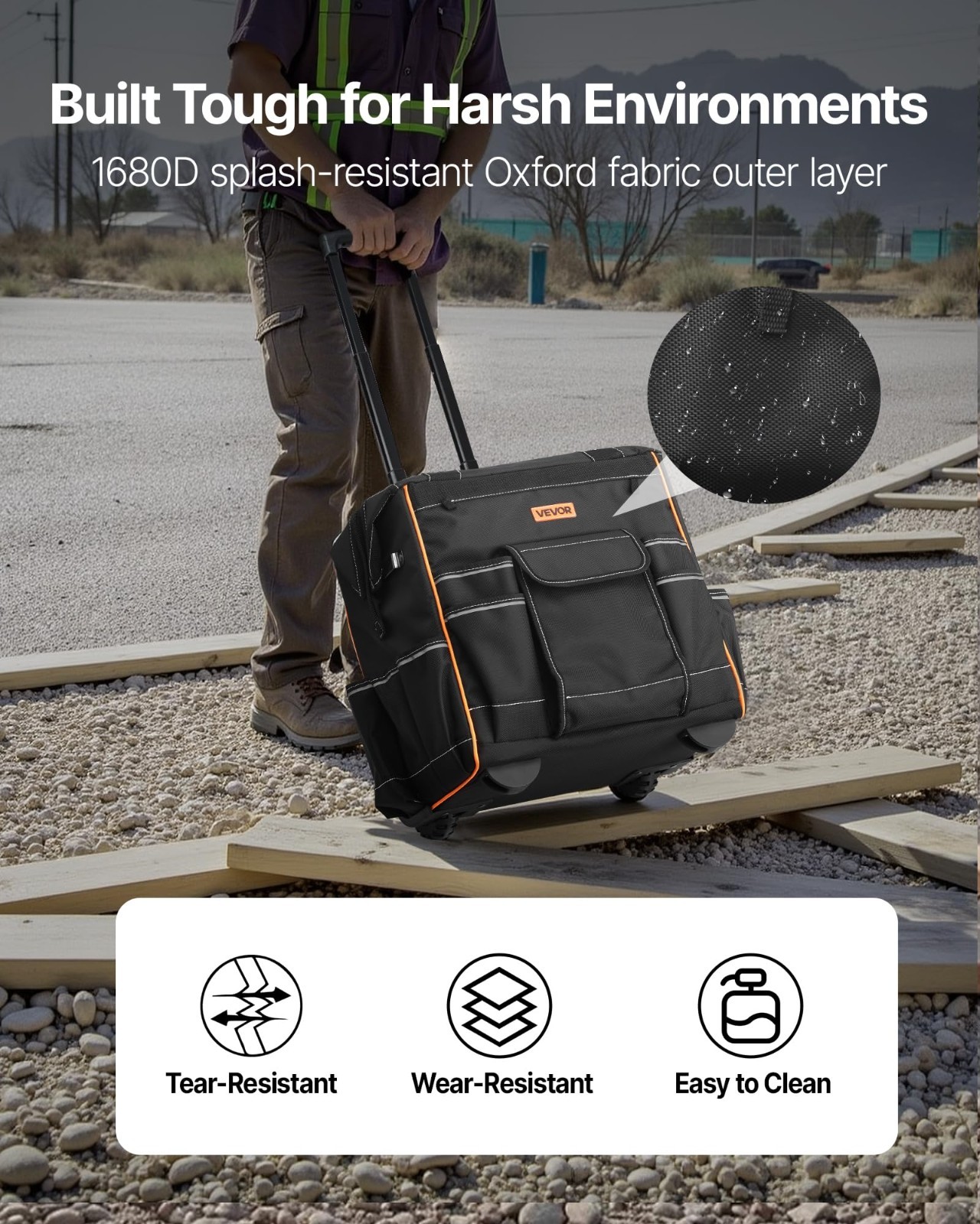 Heavy Duty 15″ Rolling Tool Bag on Wheels, 110 lbs Capacity, 25 Pockets, Adjusta