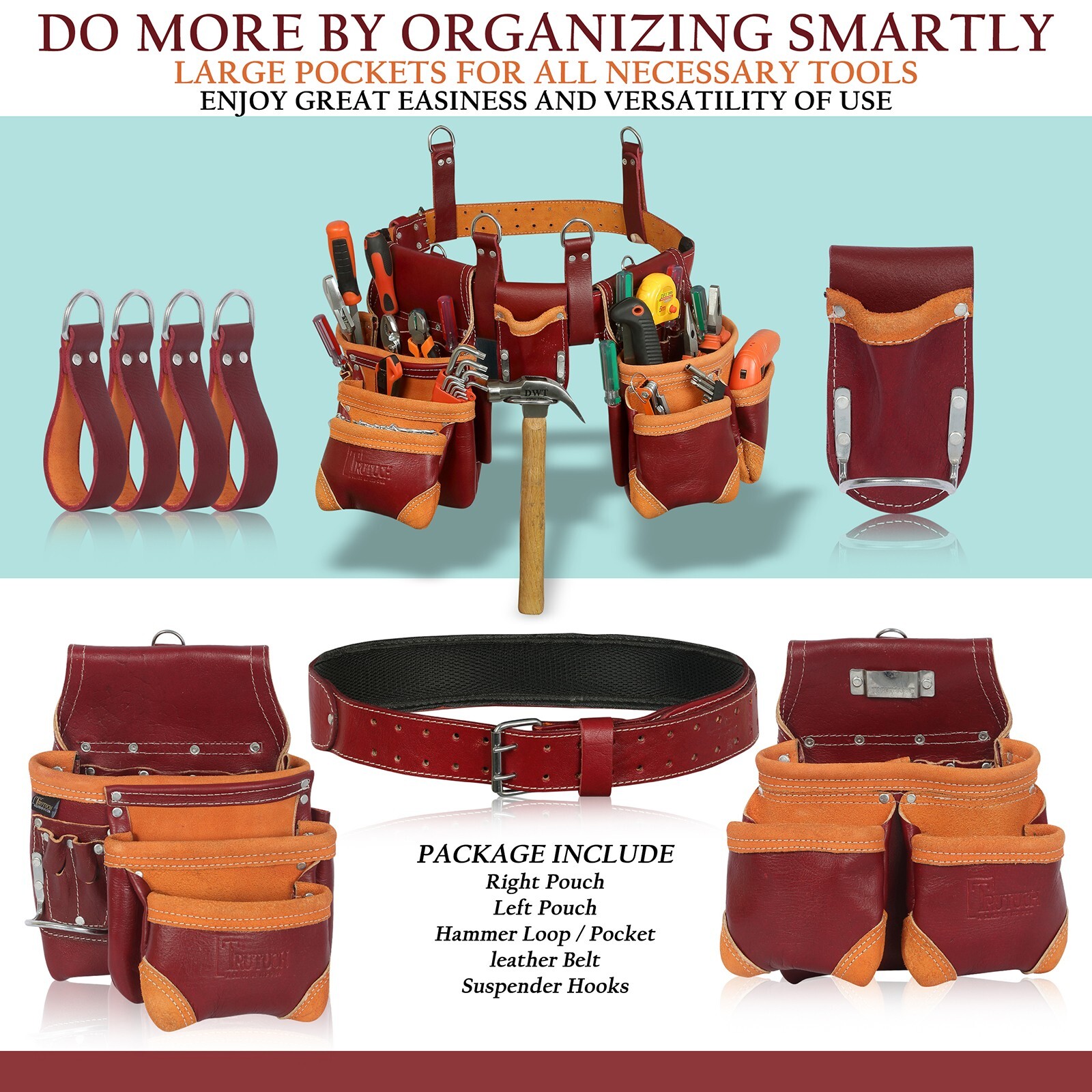 Trutuch Maroon Leather Tool Belt with Suspender | 18 Pockets | Framers Tool Belt