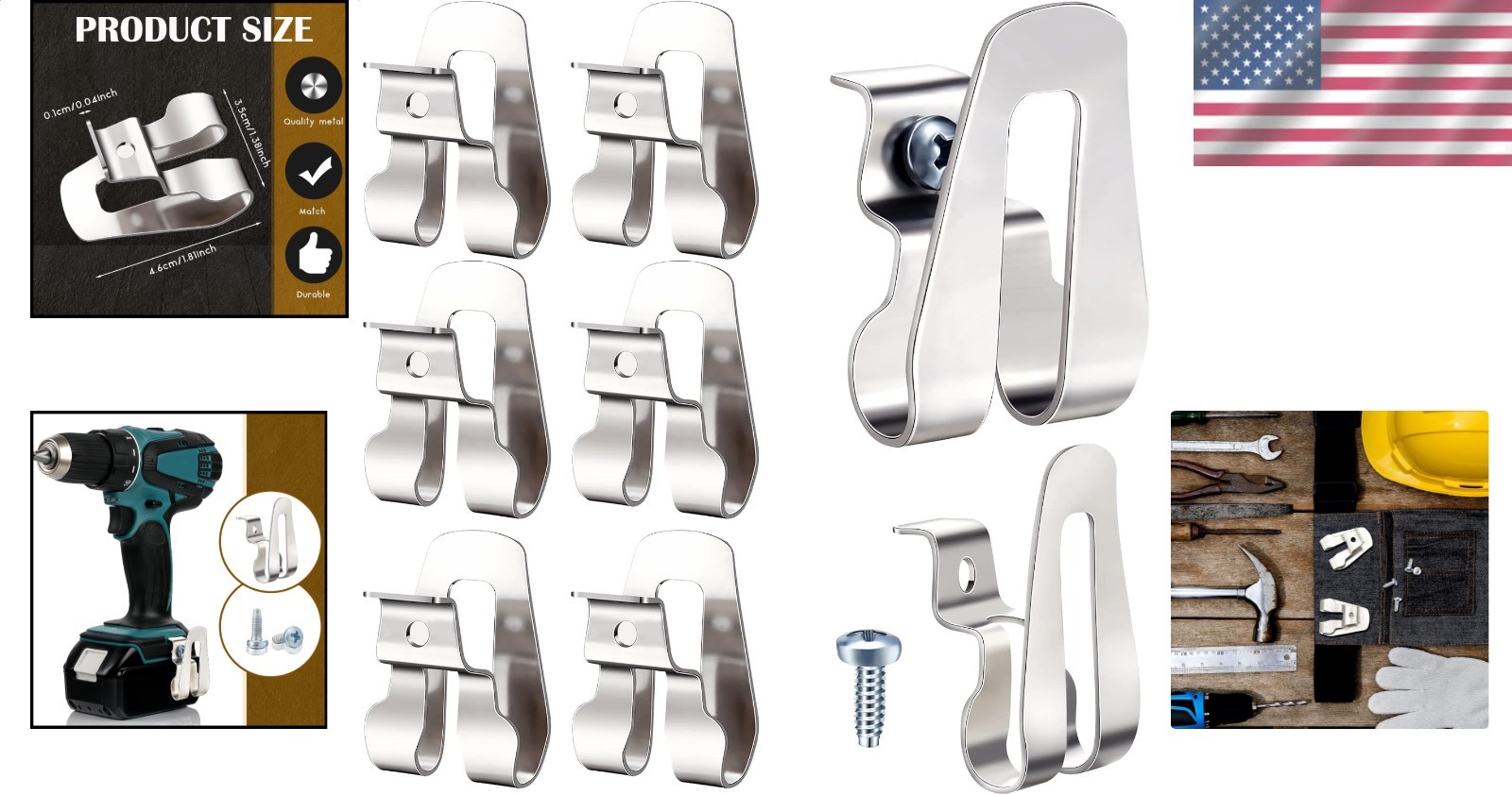 Drill Driver Belt Clip Hooks 8-Pack Stainless Steel Power Tool Accessory Screws