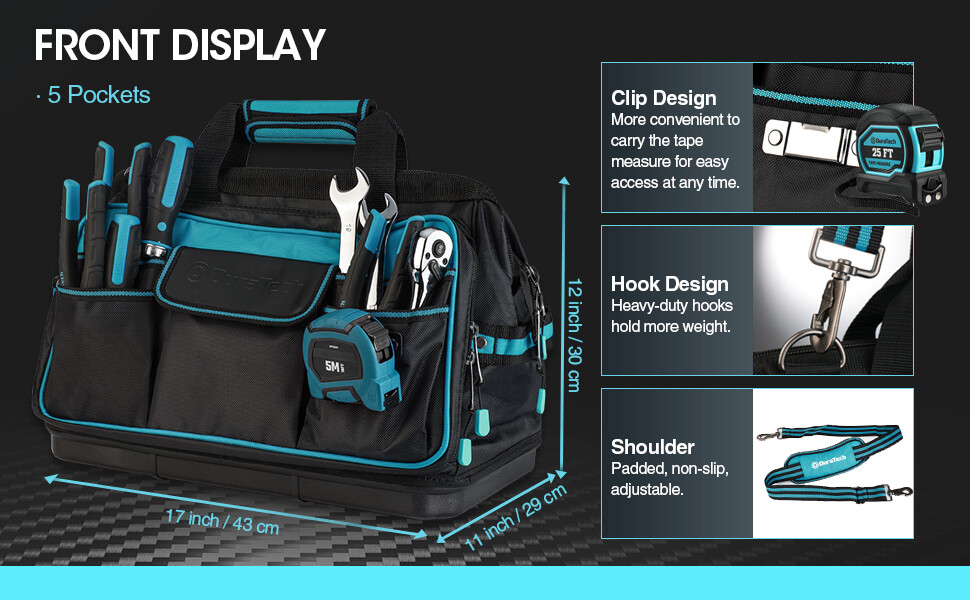 DURATECH 17″Wide Mouth Tool Bag Tool Bag Organizer WaterProof 840D Oxford Fabric