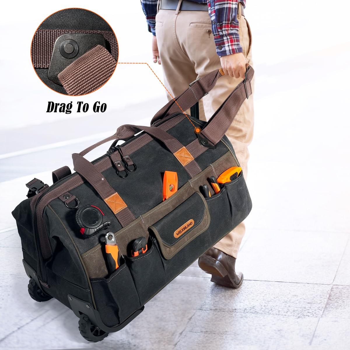 WELKINLAND 48Pockets Tool Bags With Wheels, 22Inc