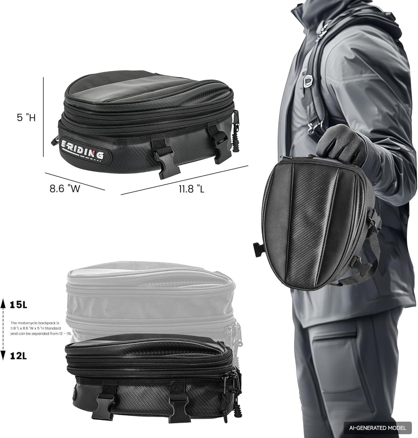 Motorcycle Tail Bag, 12L-15L Expandable Waterproof Motorbike Rear Seat Luggag…