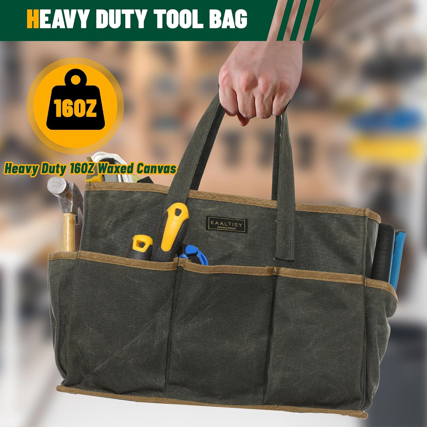 Tool Tote Bag, Heavy Duty 16Oz Waxed Canvas Garden Tool Bag | Portable 11-Pocket