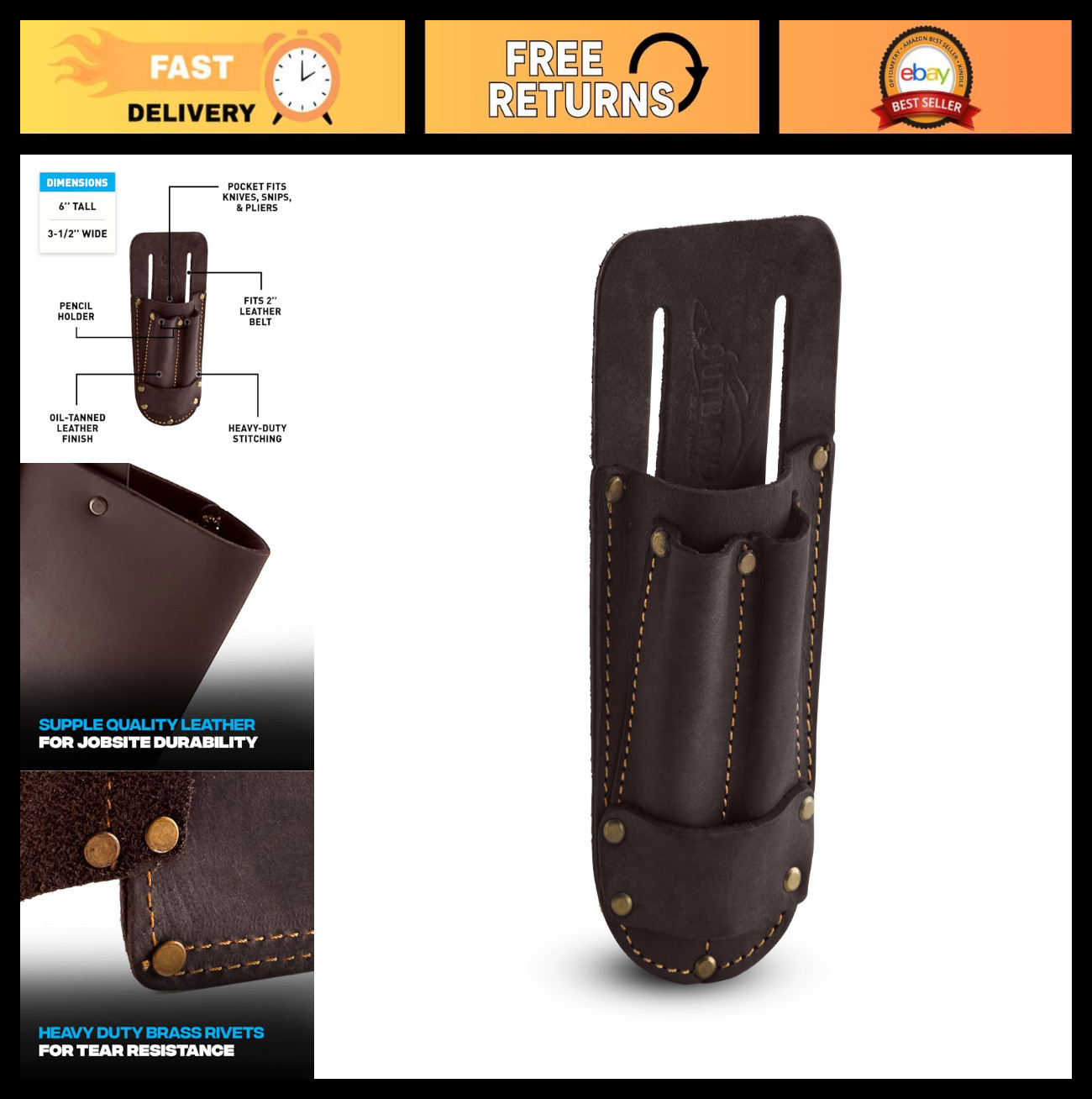 Heavy Duty Leather Utility Knife Pouch – Belt Sheath for Box Cutters & Snips – F