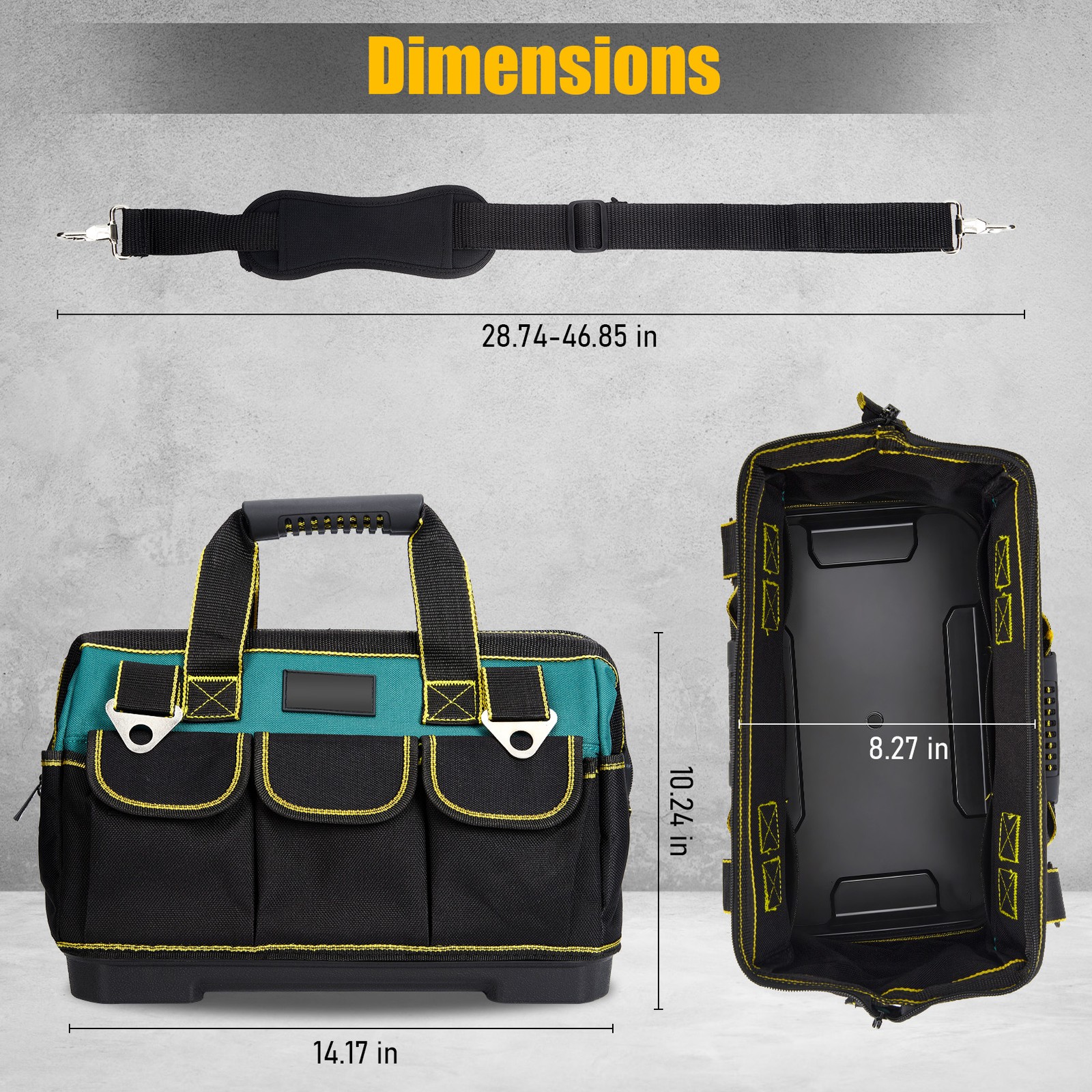 14 Inch Tool Bag 900D Oxford Heavy Duty Waterproof Base 20 Pockets 18 Loops 30kg
