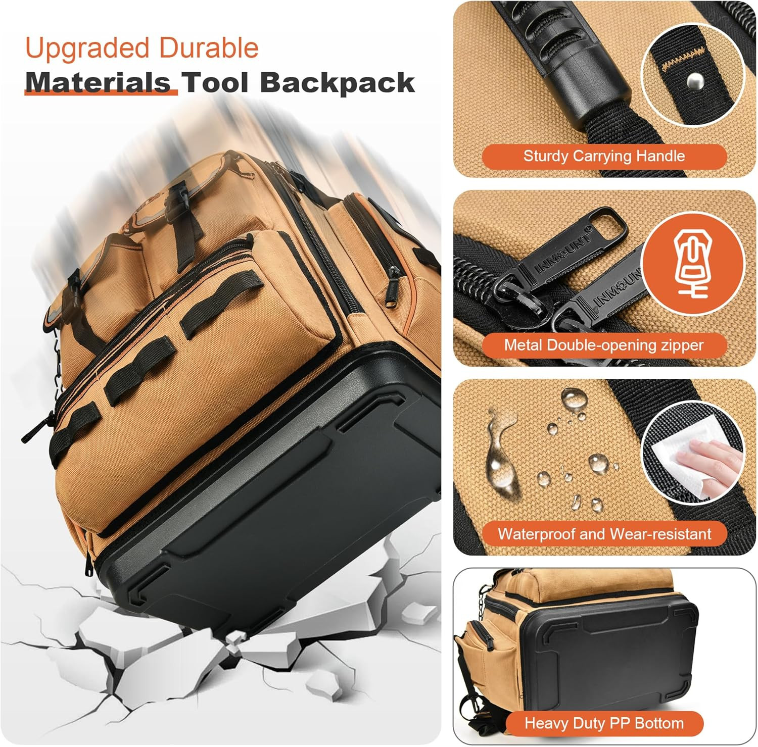 Heavy Duty Tool Backpack with 2 Bags, Laptop Compartment & Lock, Water-Resistant