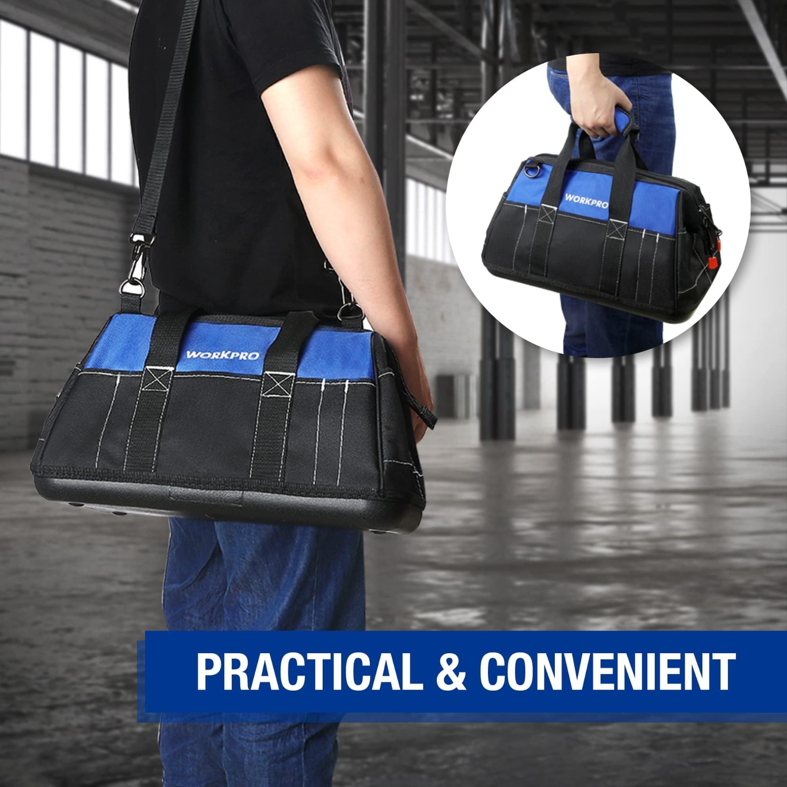 16″ Wide Mouth Tool Bag with Waterproof Molded Base, Heavy-Duty Storage Organize