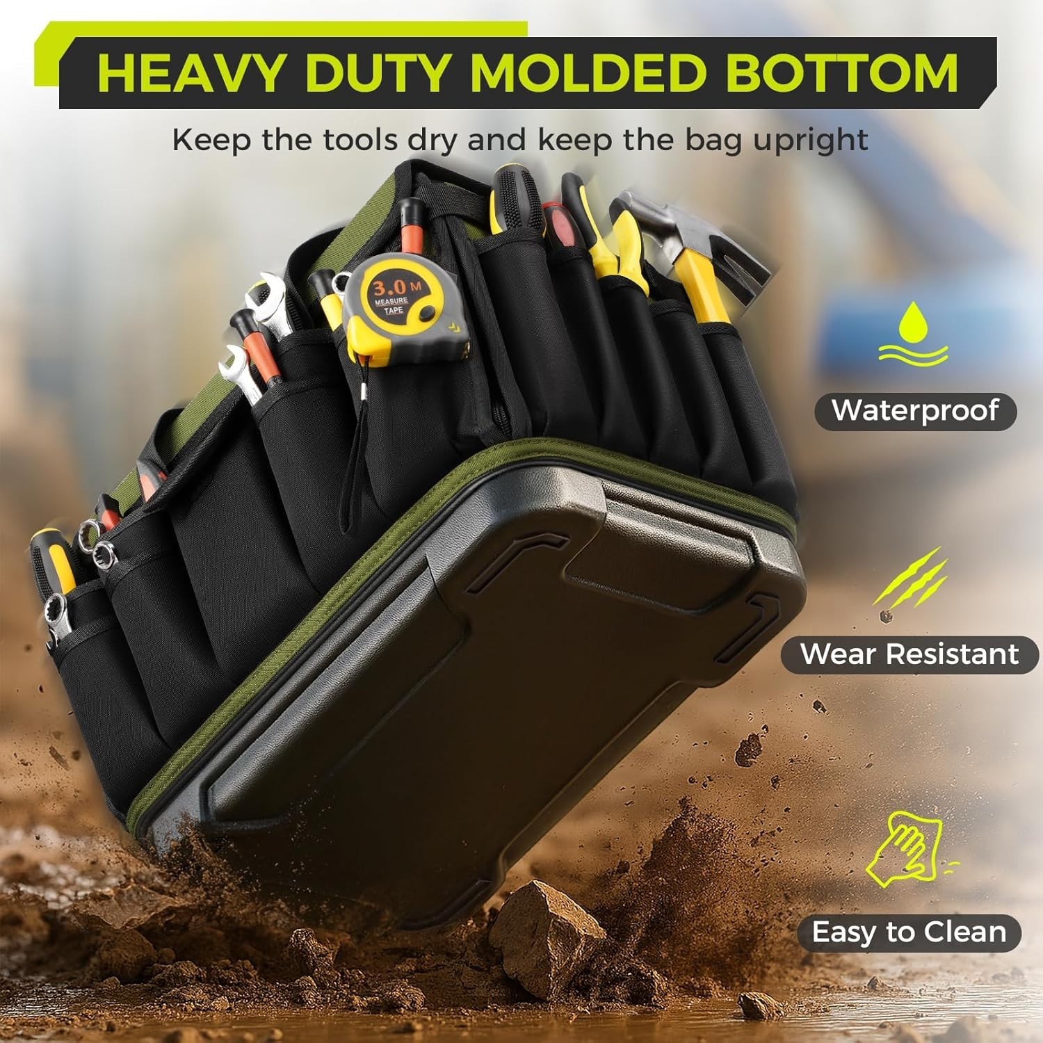 16-Inch Heavy Duty Tool Bag with 46 Pockets, Waterproof Base for Professionals