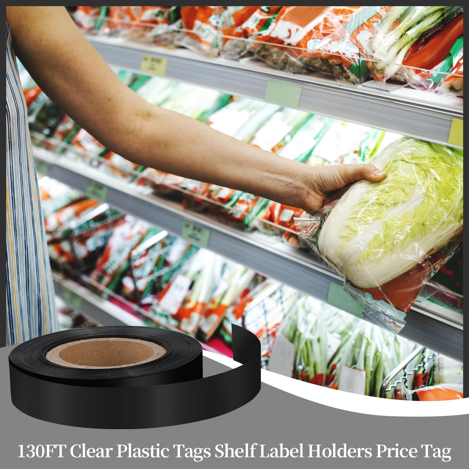 130Ft Shelf Strips Retail Plastic Tags Label Holders 1.25 inches, Black