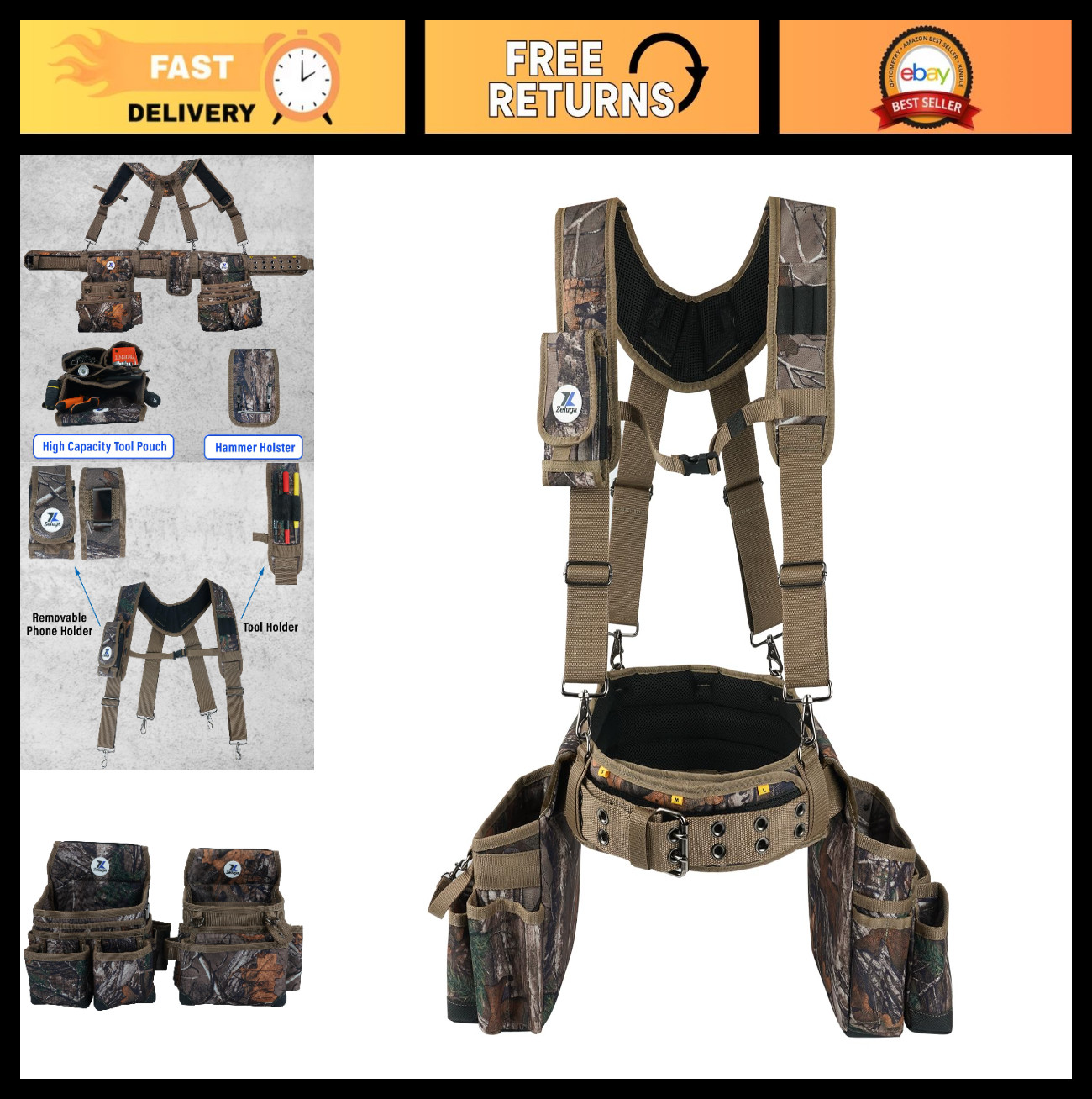 Large Tool Belt with Suspenders, Padded 4″ Tool Pouch, Hammer Holster, Camo, Con