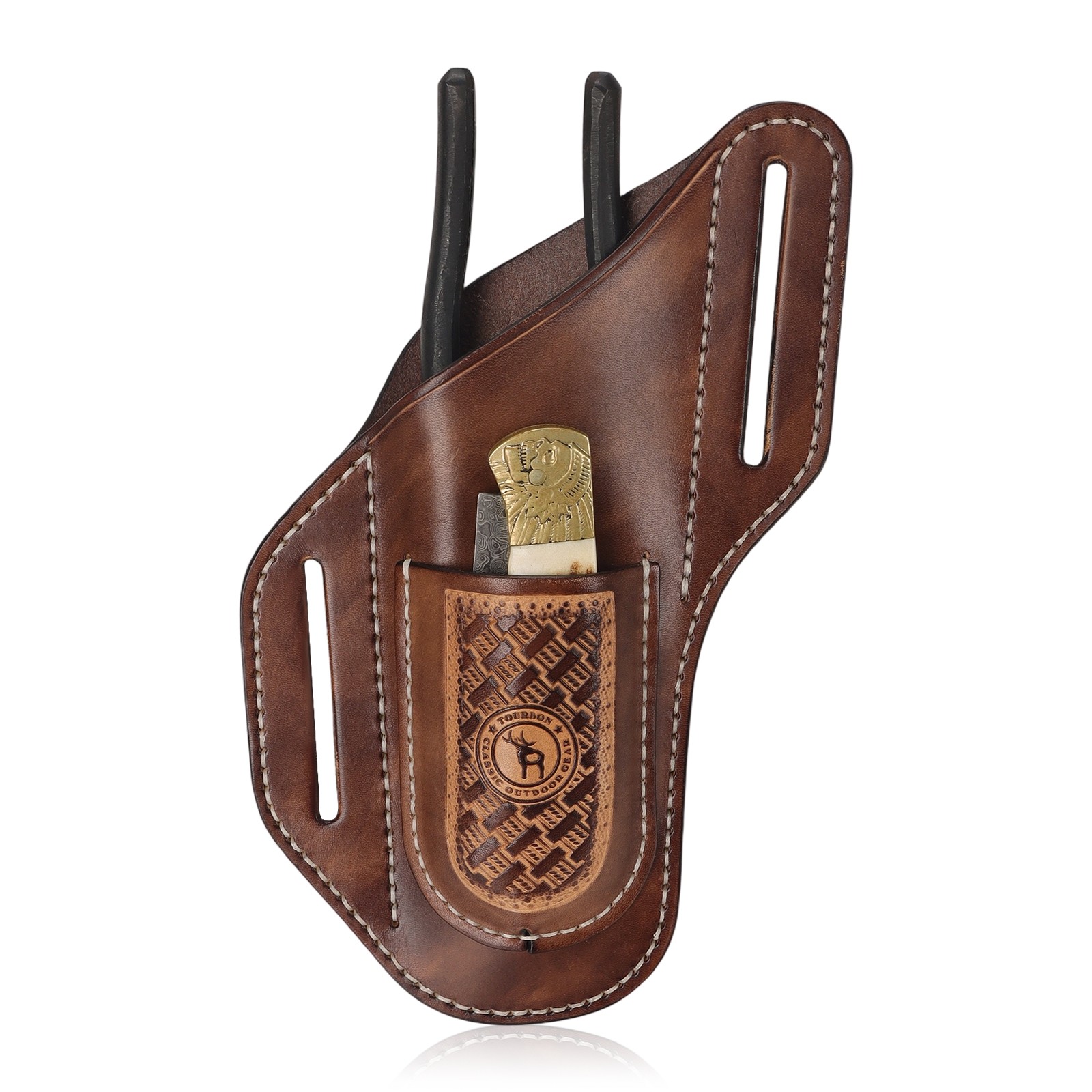 TOURBON Leather 2-in-1 Tool Pouch Folding Knife/Pliers Pocket Belt on Holster