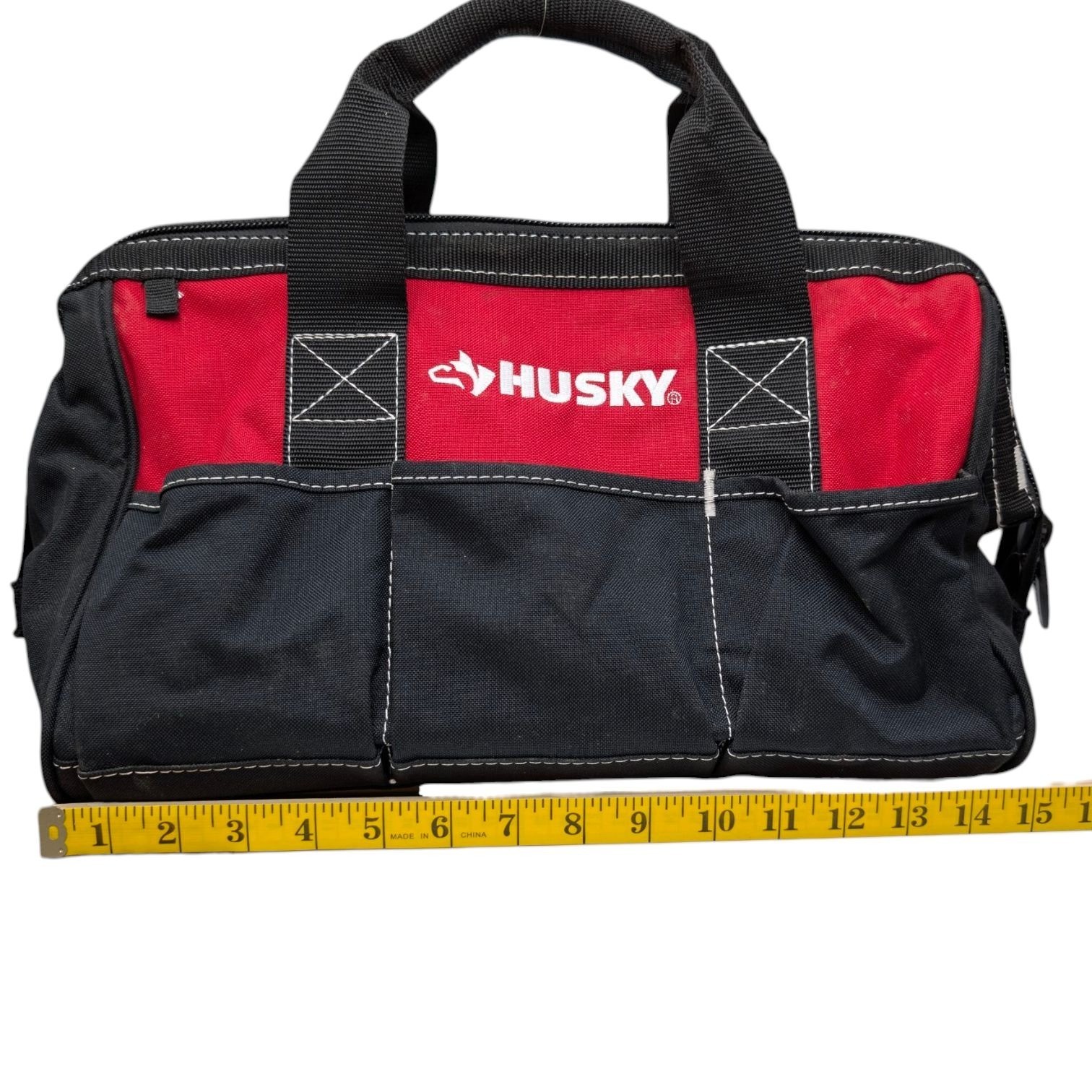 Husky Zippered Tool Bag Red Black 15 in Wide Mouth Canvas 5 Outer Pockets