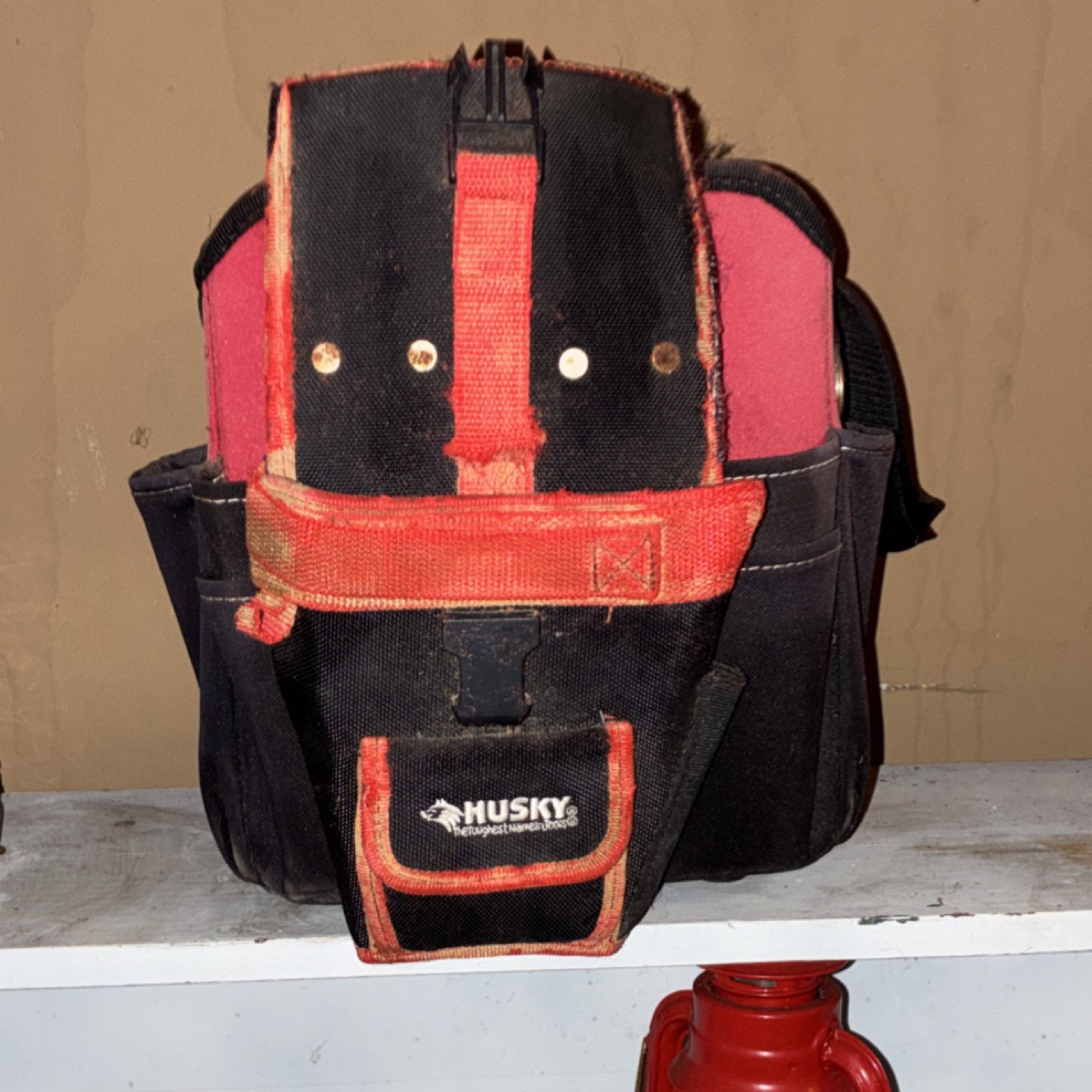 Husky Black and Red Fabric Tool Bag with Handle and Multiple Pockets