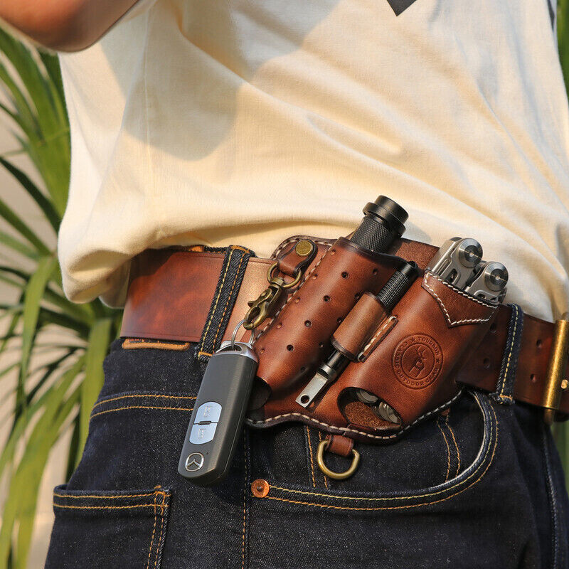 Leather EDC Multitool Pouch Flashlight Holder Knife Sheath Belt Holster-TOURBON