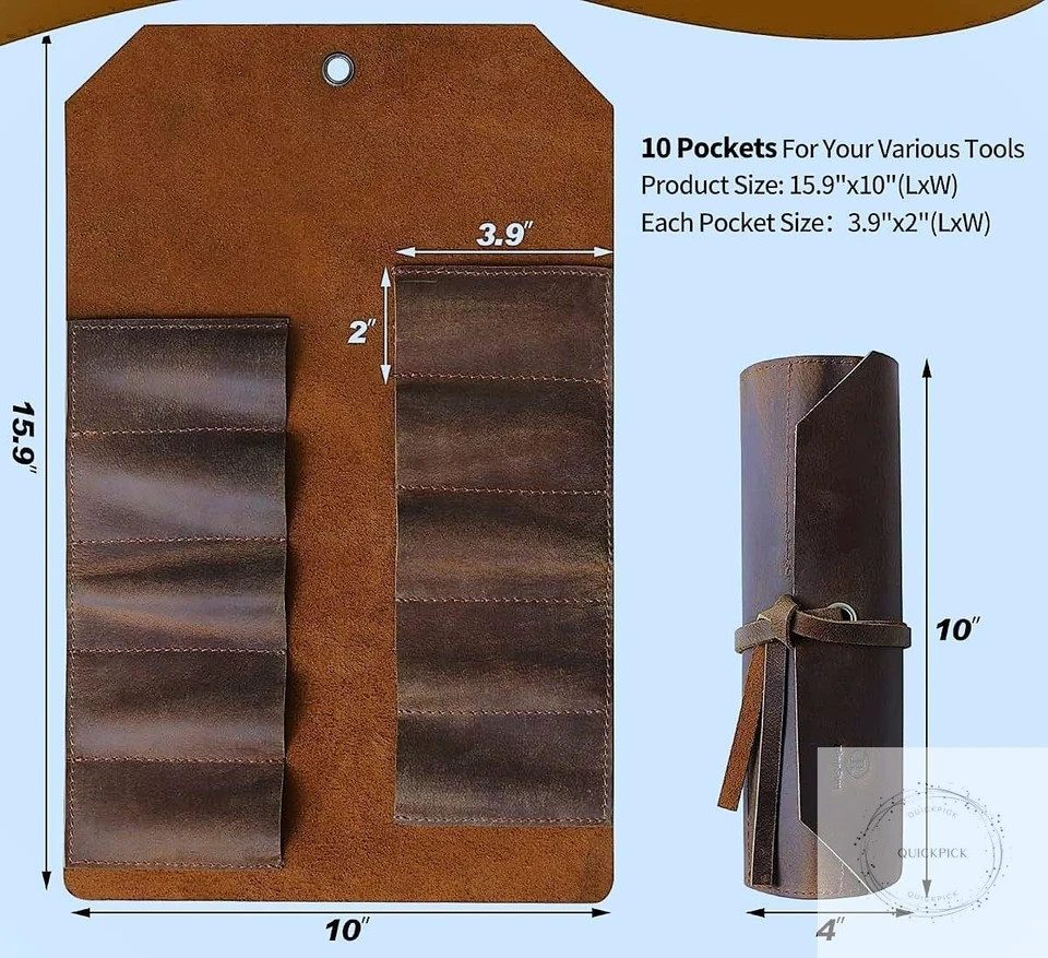 Leather Tool Roll Up Pouch 10 Slots Leather Tool Wrench Roll/Chisel Bag Portable