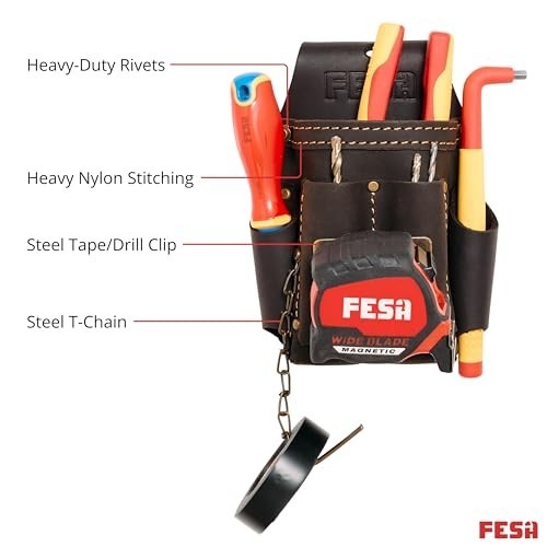 Small Leather Electrician Tool Pouch 7-in-1 with Tape Measure Clip & 5 Pockets