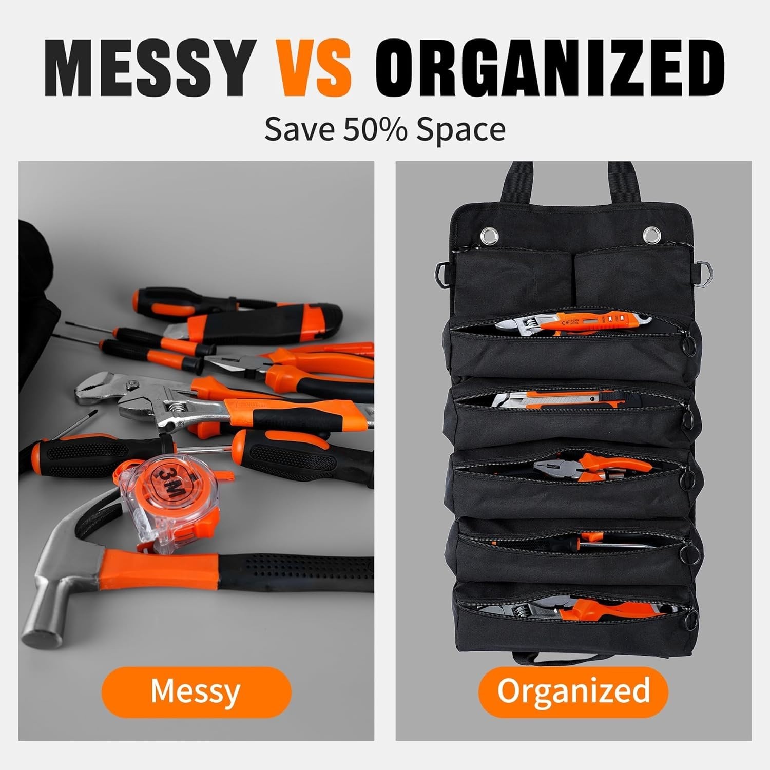 Portable Foldable Roll Up Tool Bag, Heavy Duty Tool Organizer Bag with 5 Comp…