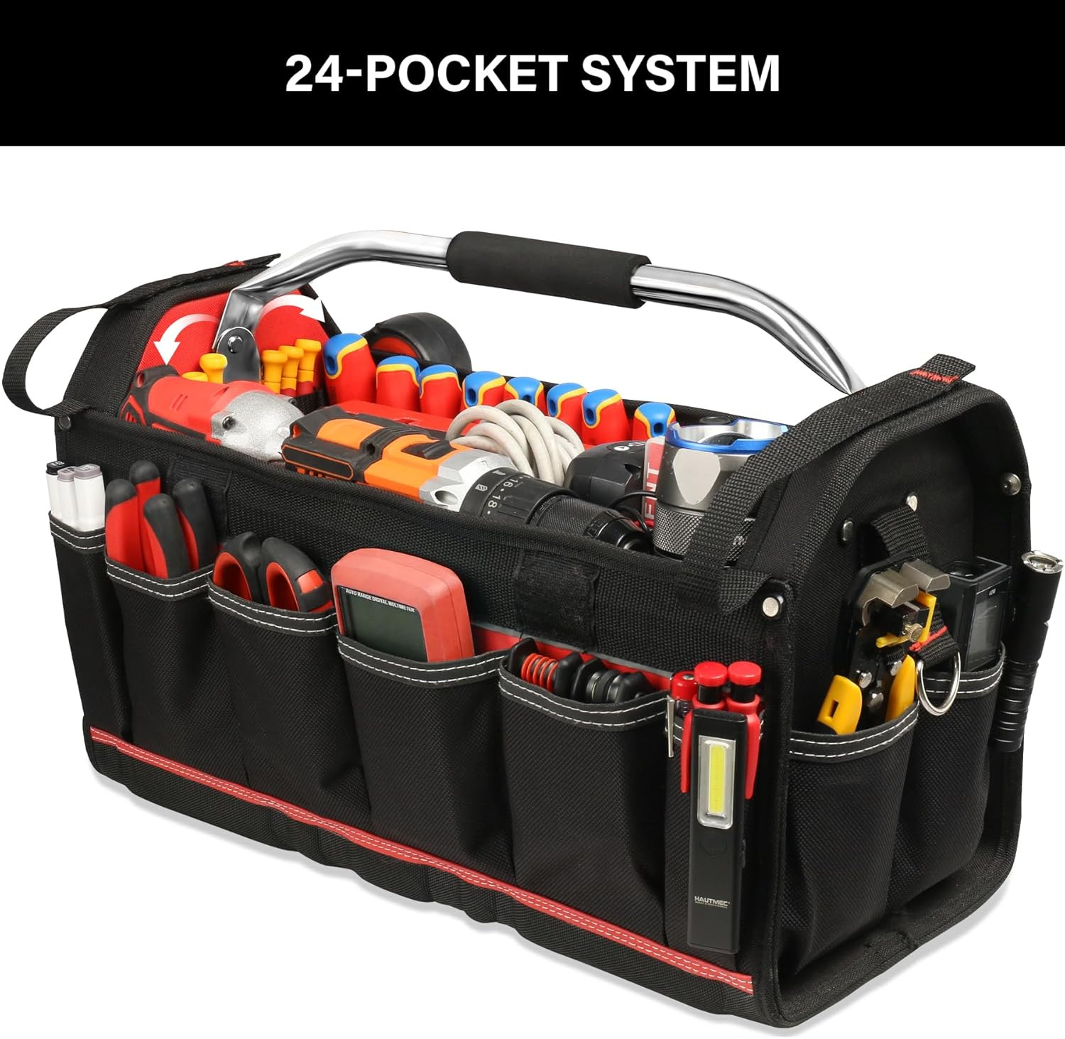 20″ Heavy-Duty Tool Tote Bag with Waterproof Clear Cover, Open Top Large Tool Ba