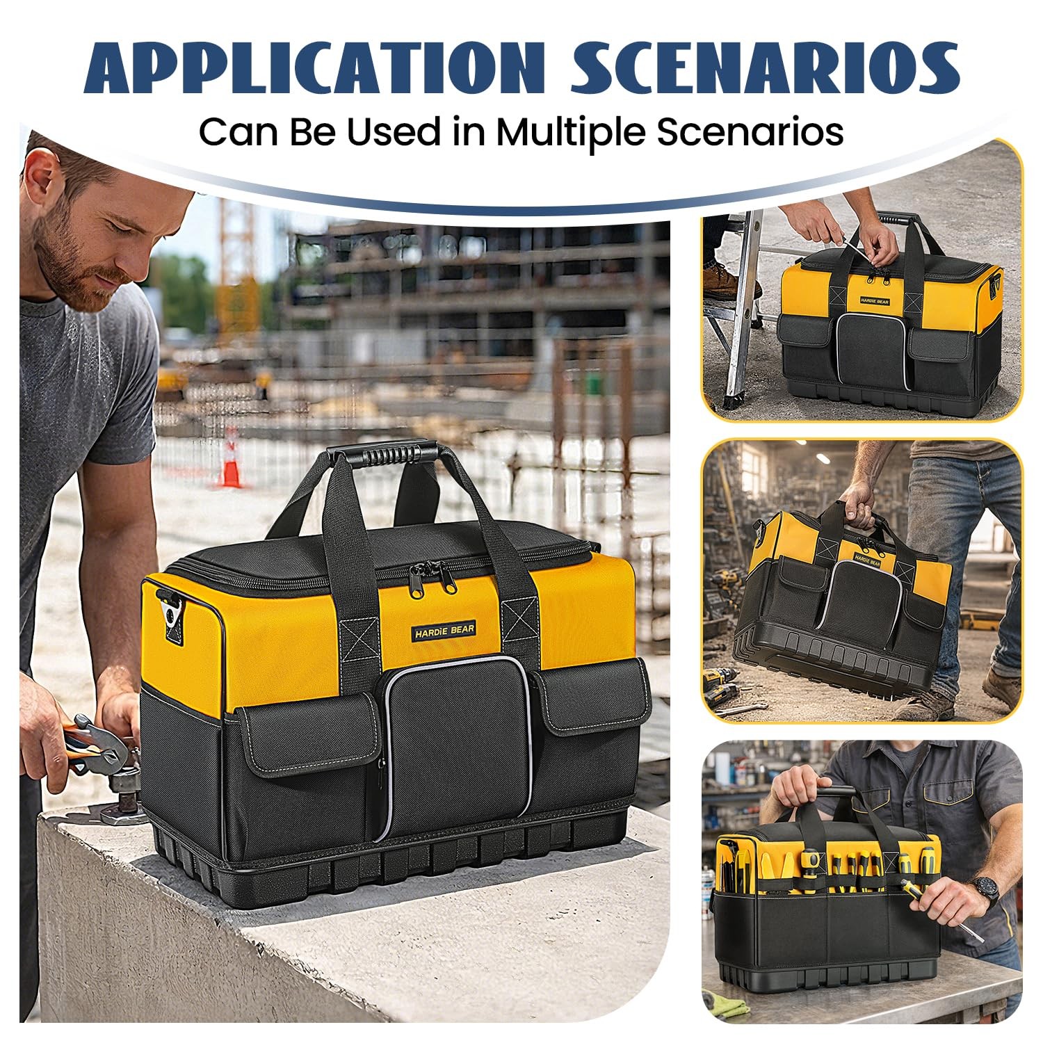 20 Inch Tool Bag Yellow Black Organizer 17 Pockets Wide Mouth Reinforced Base