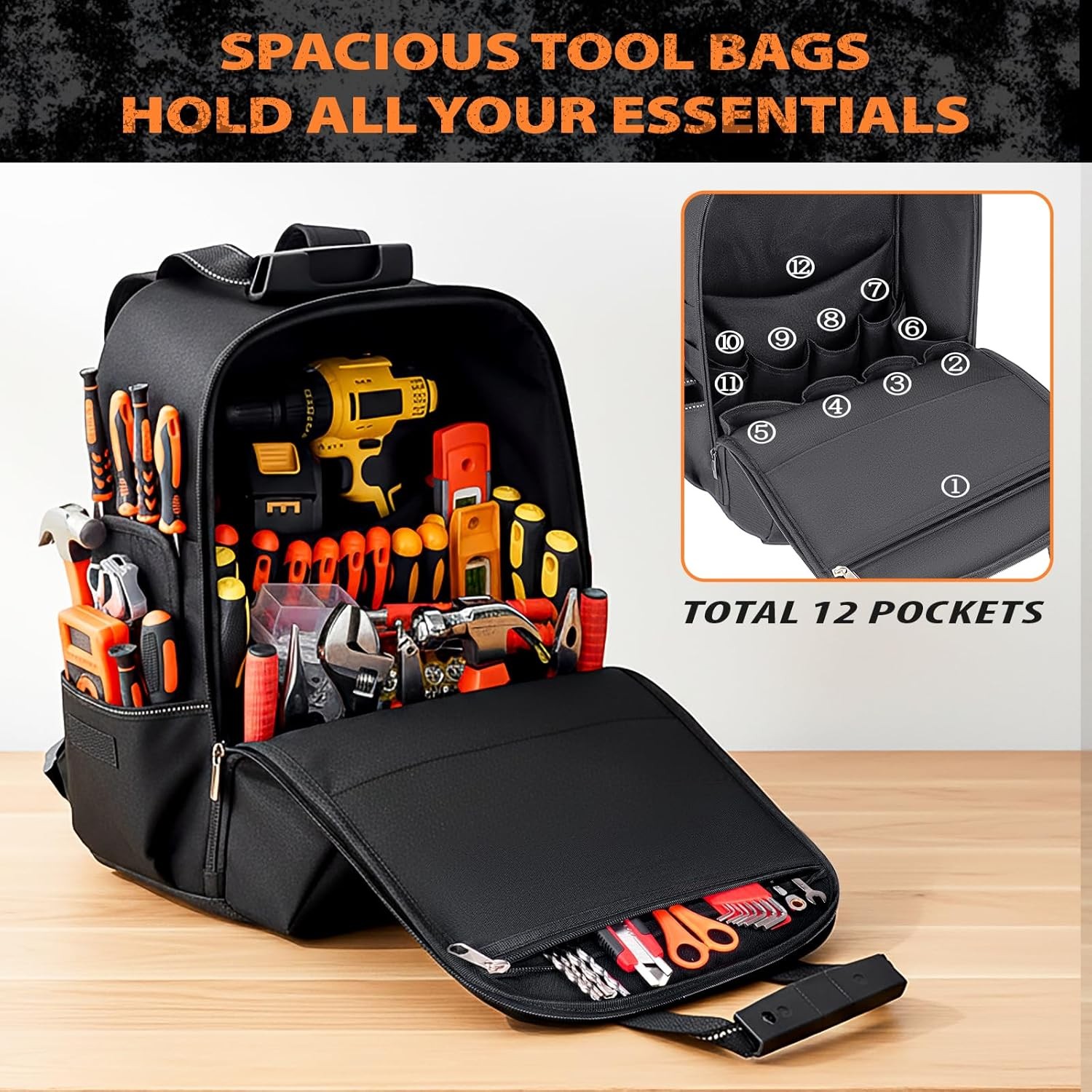 Jjring Tool Bag Backpack For Men With 18 Tool Pockets, Heavy-Duty Tool Organizer